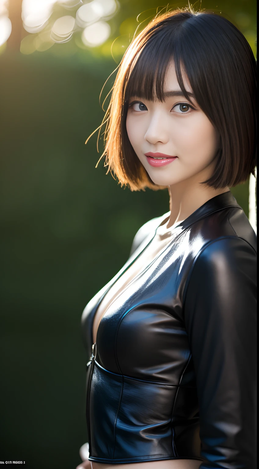 (top-quality、超A high resolution、​masterpiece:1.3)，excellent details，超A high resolution，Swat，Police of the future，Model Figure，fully body photo，full body Esbian，dynamicposes，long-sleeve, Leather pants, Highly detailed cyberpunk style, longeyelashes, Medium hair with bangs, longeyelashes, Parted lips, Detailed abs, Detailed muscle lines, surrealism, drop shadow, anaglyph, Verism, depth of fields, Backlighting, Expose F/1.2, Super Detail, ccurate, Best Quality, Stand and look down, Black bondage, Leather suit, masutepiece, Detailed moisturized eyes, Textured skin, Best Quality, in 8K, blurry backround, (skinny thigh:1.1, long legged), (Colossal tits), Natural Color Lip, ssmile, Young woman in perfect style