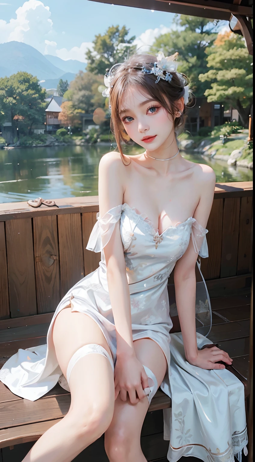 A beautiful girl in a modest autumn dress、We color the season with elegant costumes.。Her white hair didn't sway in the wind、Shortcuts give a classy impression。Blue eyes reminiscent of the autumn sky、Her skin is gentle with a pale shade。The dress is crimson、It is shoulder-to-knee long.、Although it has a modest design、In harmony with the seasons。She is surrounded by beautiful scenery of autumn、Quietly radiating beauty。