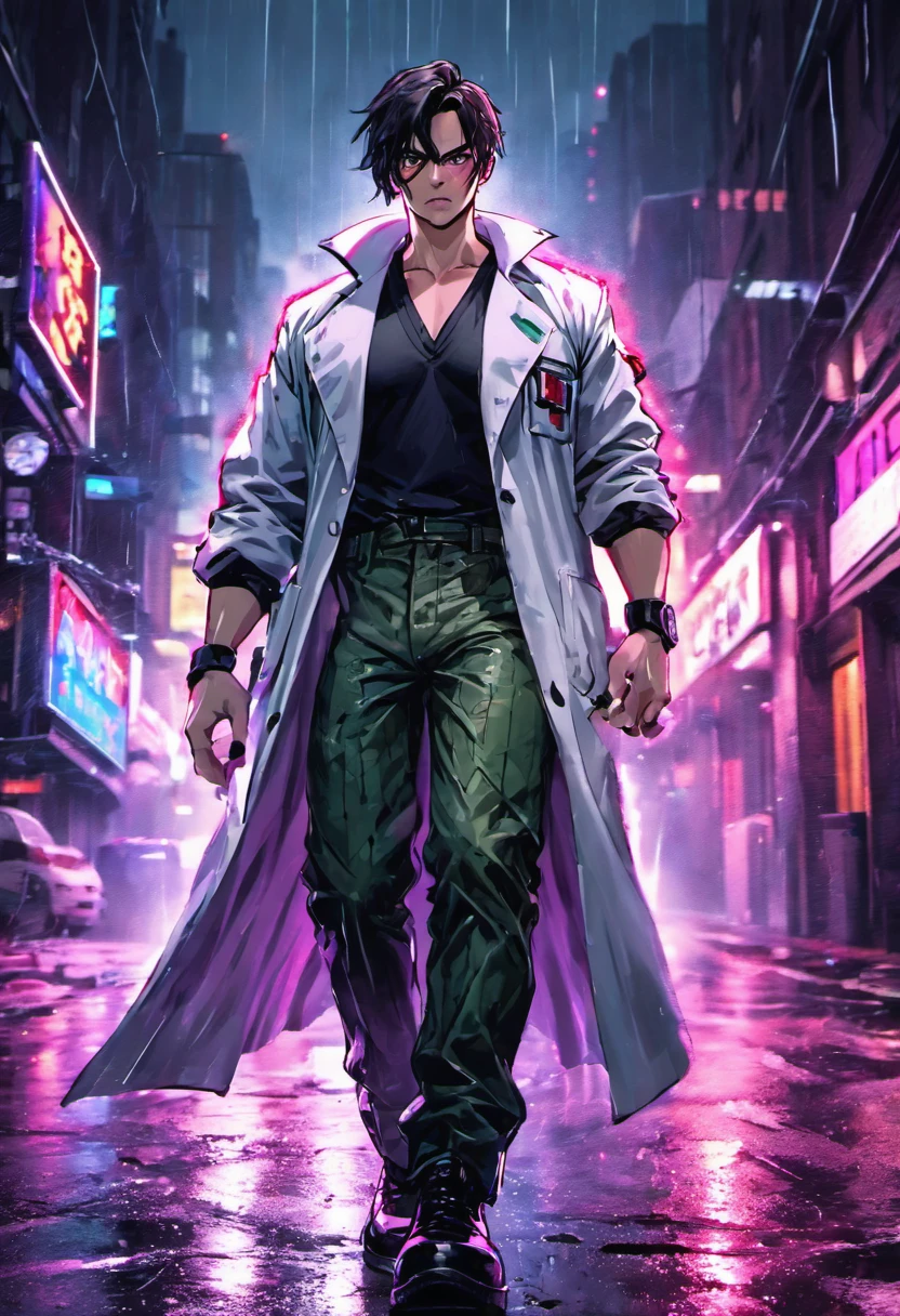 Close-up photos, 29 years old man, Dark hair with Chunky white highlights, Doctor's lab coat over black V-neck T-shirt,Wearing camouflage pants and black military boots, In the rainy neon city at night, Photorealistic, Cinematic lighting