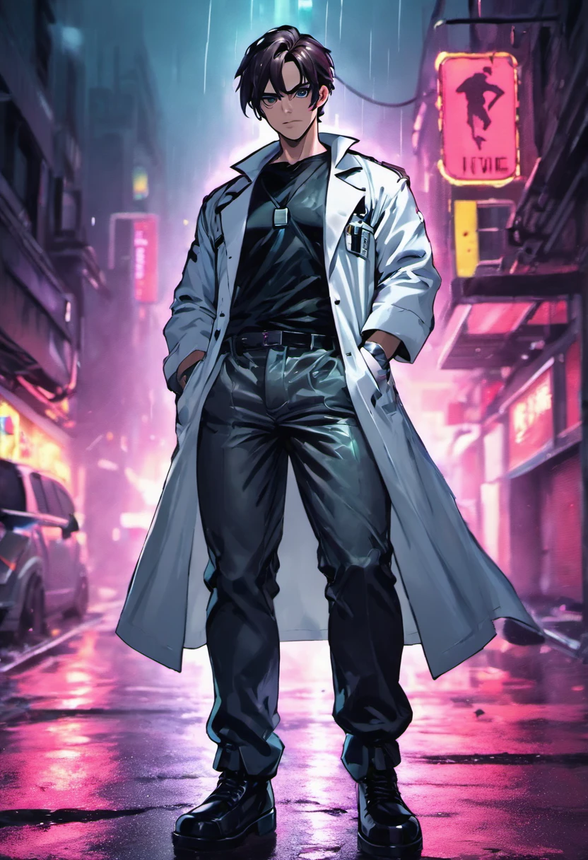 Close-up photos, 29 years old man, Dark hair with Chunky white highlights, Doctor's lab coat over black V-neck T-shirt,Wearing camouflage pants and black military boots, In the rainy neon city at night, Photorealistic, Cinematic lighting