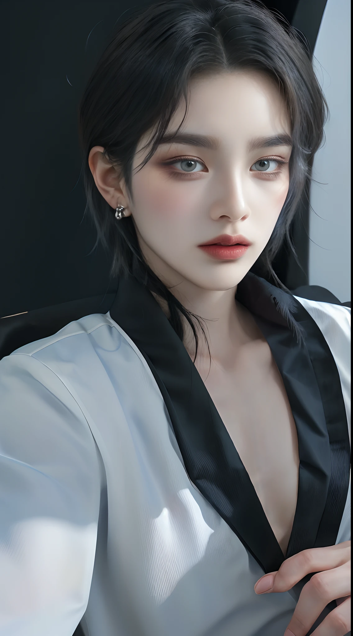 ((4K works))、​masterpiece、（top-quality)、((high-level image quality))、((one beautiful women))、Slim body、((Black Y Shirt Fashion))、(Detailed beautiful eyes)、Black background、((Face similar to Chaewon in Ruseraphim))、((Half-up hairstyle))、((bright silver hair))、((Smaller face))、((Neutral face))、((Light blue eyes))、((Korean Women))、((18year old))、((Wild Lady))、((Glaring at him with a savage look))、((Korean makeup with black eyeshadow))、((elongated and sharp eyes))、((Shot alone))、Cool pose