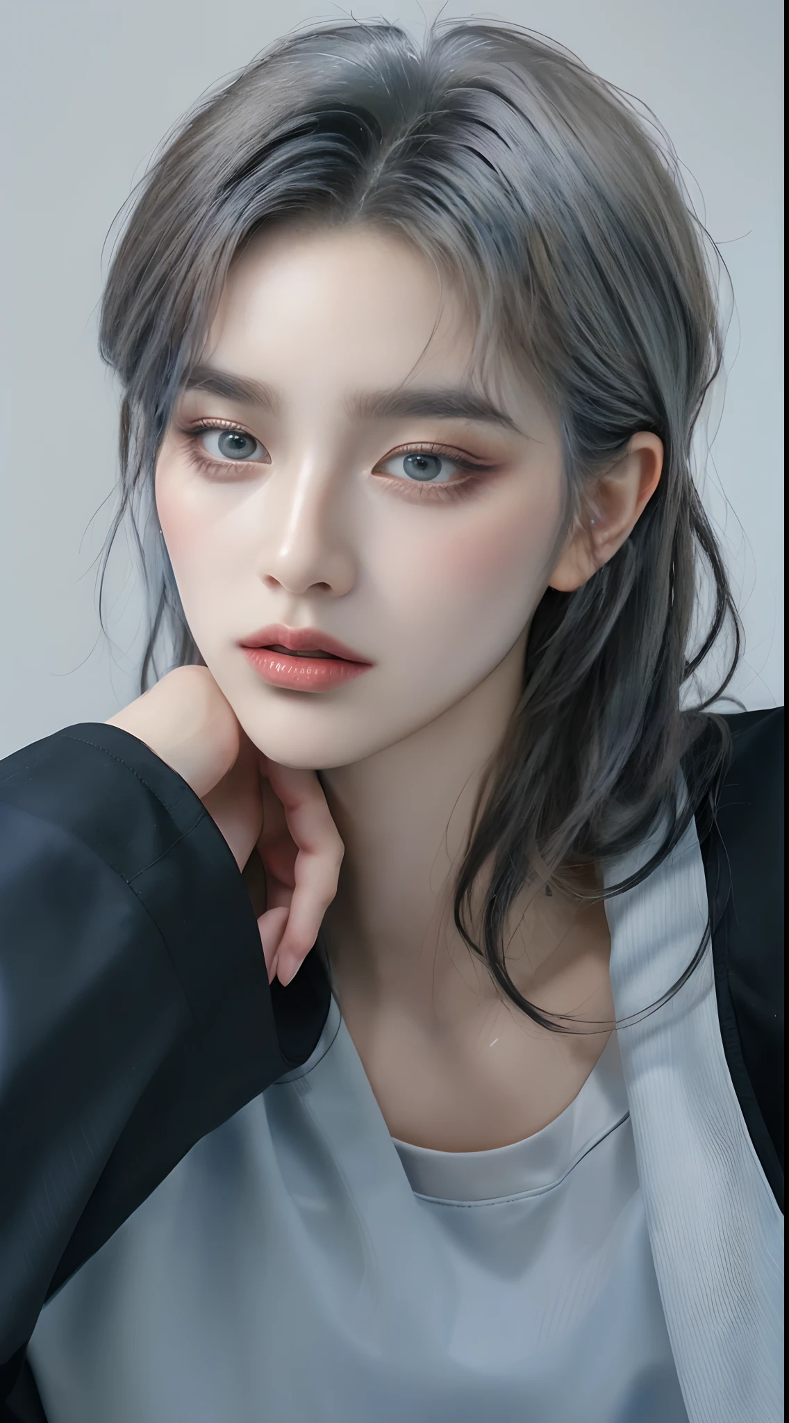 ((4K works))、​masterpiece、（top-quality)、((high-level image quality))、((one beautiful women))、Slim body、((Black Y Shirt Fashion))、(Detailed beautiful eyes)、Black background、((Face similar to Chaewon in Ruseraphim))、((Half-up hairstyle))、((bright silver hair))、((Smaller face))、((Neutral face))、((Light blue eyes))、((Korean Women))、((18year old))、((Wild Lady))、((Glaring at him with a savage look))、((Korean makeup with black eyeshadow))、((elongated and sharp eyes))、((Shot alone))、Cool pose