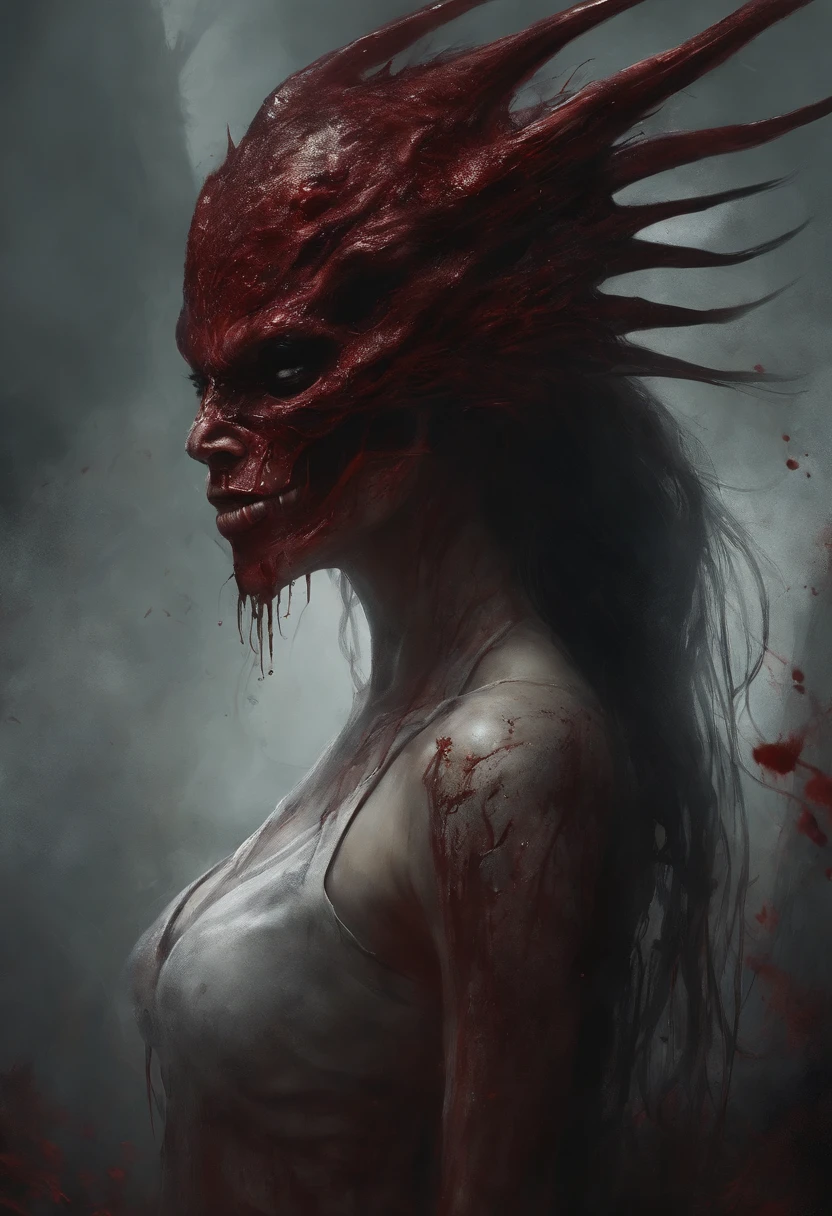 A painting of a female Nicole Scherzinger demonic creature with a bloodied face and a bloodied head, very detailed head, carnage, Sci - Horror Art of Fiction, Science fiction horror artwork, inspired by Aleksi Briclot, Crocs de carnage, Horror fantasy art, par Aleksi Briclot, Horror concept art, venin, Art fantastique et horreur, Detailed illustration of 4K horror, Demonic creature, Dark Fantasy Horror Art, black and red and platinum colours