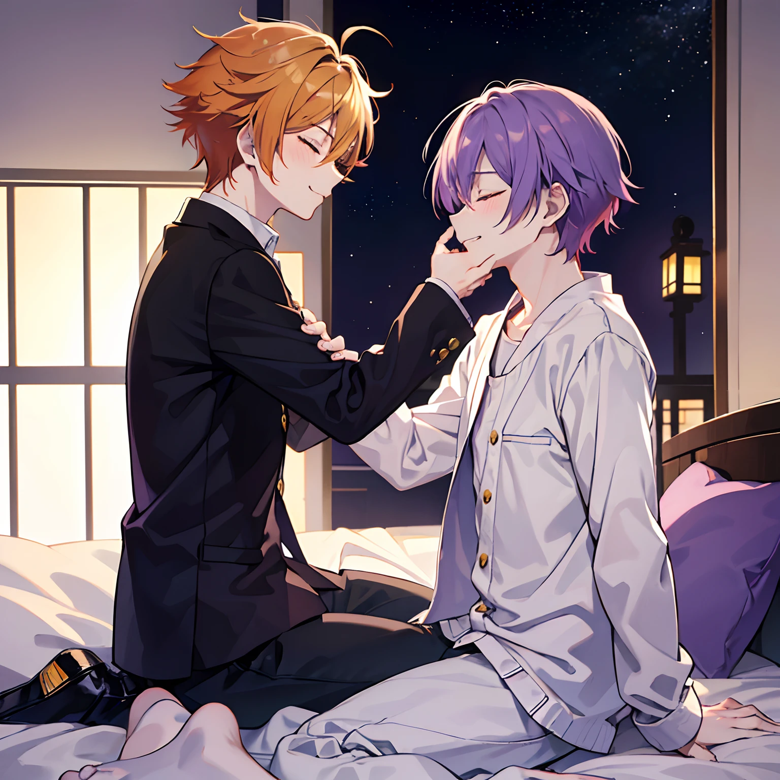 2masculine boy, Kamishiro Rui \(project sekai\), purple hair, blue strand, and Tsukasa Tenma, \(project sekai\), yellow-orange hair, they both on the bed in the bedroom, Kamishiro Rui sitting on bed, Tsukasa kissing Rui's lips, slightly smiles with his eyes closed, and there's a dark everywhere but a stars lights above them