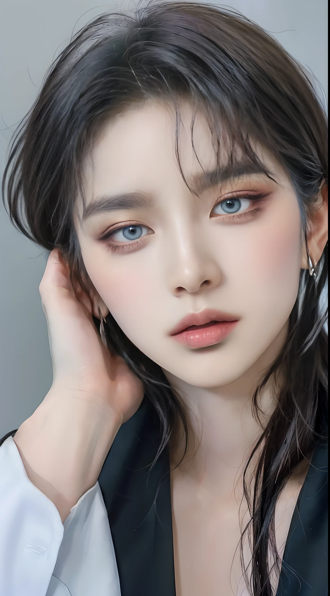 ((4K works))、​masterpiece、（top-quality)、((high-level image quality))、((one beautiful women))、Slim body、((Black Y Shirt Fashion))、(Detailed beautiful eyes)、Black background、((Face similar to Chaewon in Ruseraphim))、((Half Up Hairstyles))、((bright silver hair))、((Smaller face))、((Neutral face))、((Light blue eyes))、((Korean Women))、((18year old))、((Wild Lady))、((Glaring at him with a savage look))、((Korean makeup with black eyeshadow))、((elongated and sharp eyes))、((Shot alone))、