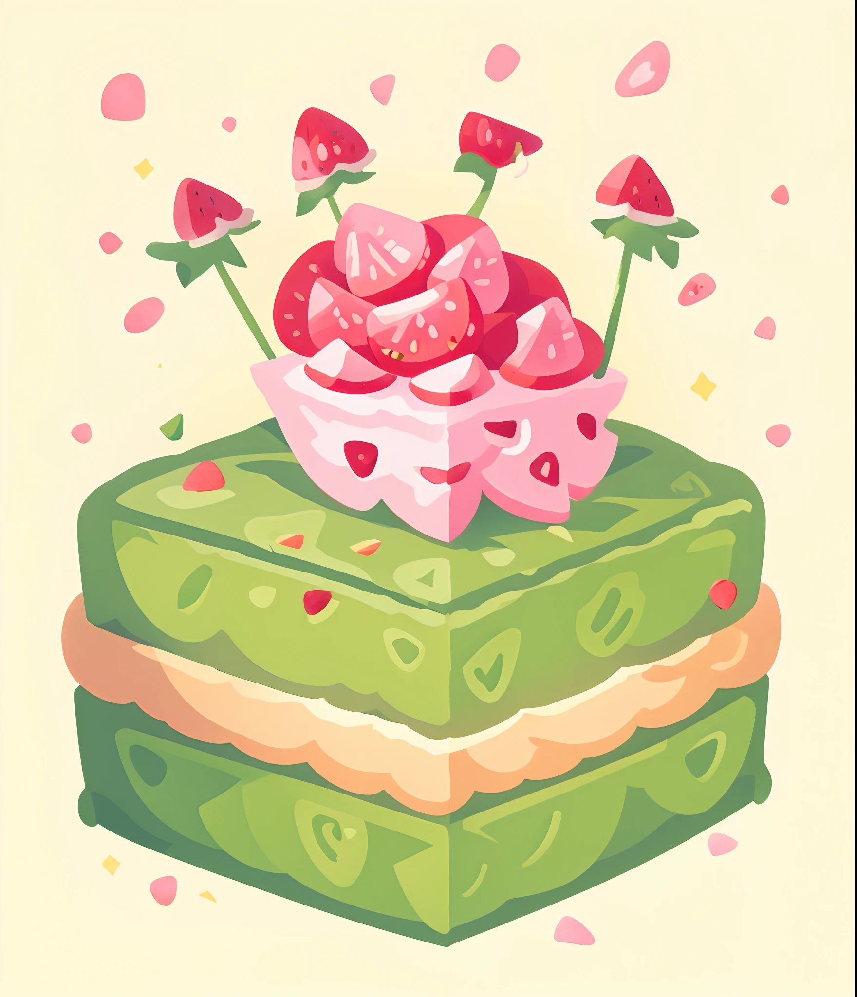 Cartoon image of a piece of cake,There is a piece of strawberry on top, 🐿🍸🍋, cutecore, lofi, tatsumaki, watermeloncore, anime food, pastel cute slime, Kawaii Yoda icon, 🎀 🧟 🍓 🧚, shirabii, strawberry ninja, resin, the greatest cake, strawberry embellishment