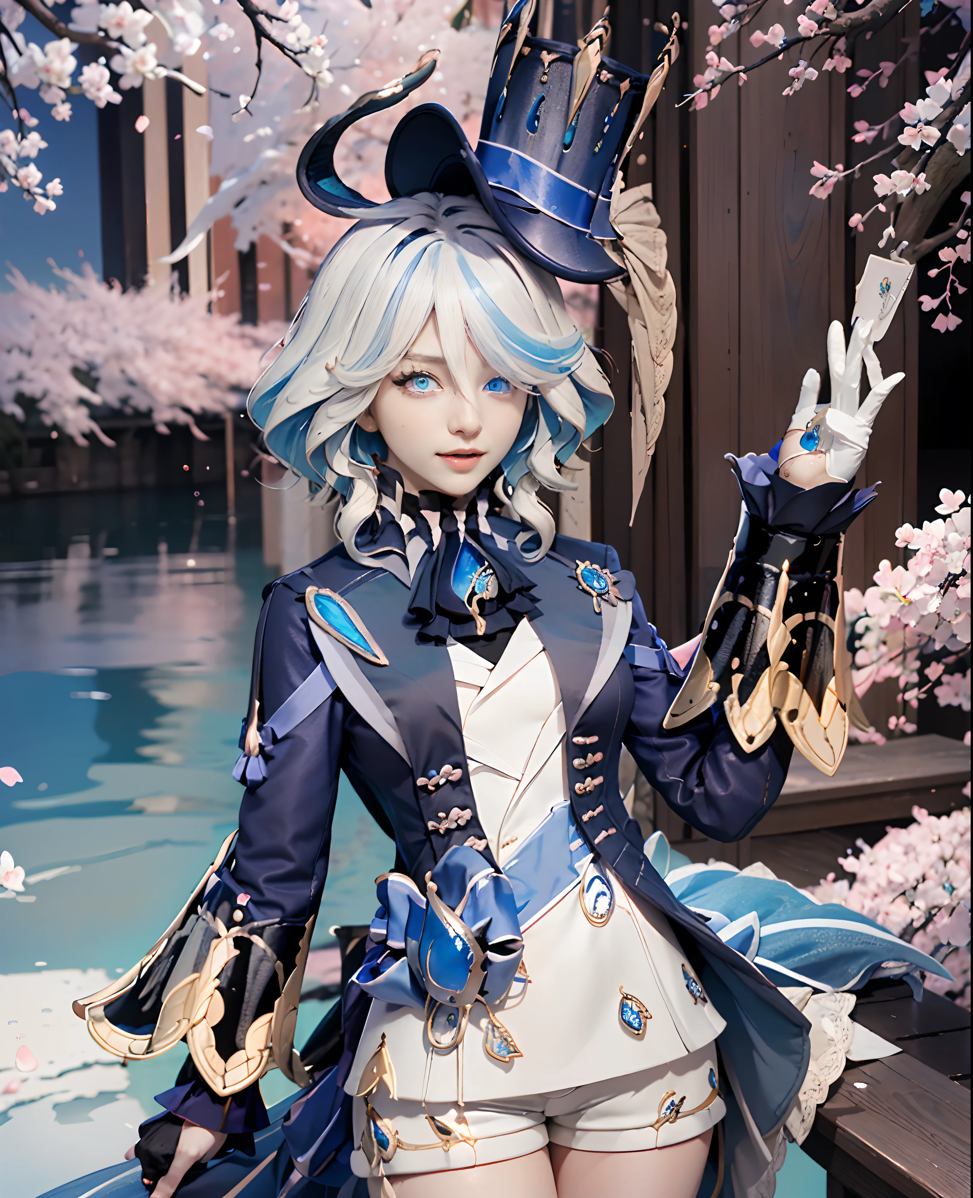 masutepiece, Best Quality, Ultra-detailed, glistening shiny, Glowing light, Ray tracing, nffsw, deph of field,Raw photo、realisitic、8K、 (Perfect face, Detailed face, Detailed eyes,Perfect hands),(medium boobs:1.2),8K,hard disk,An ultra - realstic face,Ray tracing,Perfect Lighting,Best Quality, Ultra-detailed, shiny eyes, (Looking at Viewer,Smile with open mouth:1.1), ((1girl in)), (maturefemale:1.4),Cowboy Shot,thighs thighs thighs thighs,POV,
Furina,Long hair,((Gradient Hair)),multicolored eyes, Gradient Eyes, (Glowing eyes:1.5), mascara, (fashion make up), Parted lips,blush,Shirt, gloves, Long sleeves, hat,Jewelry,Jacket, White shirt, flower,Shorts, Black Gloves,ascot, Thigh strap, Blue jacket, brooches, Pedras preciosas, blue headwear, blue flower, White shorts, hat flower, Blue Rose, Inclined hat, blue gemstone, Blue Ascot
((In the middle of the Japan countryside,Japan Bridge,Across the bridge,River,cherry trees,Cherry blossom petals,Dark blue sky,Sichuan carp)),(Complex background, Many elements of the background:1.2),((hyper detailed background)), Mistress pose, ((8K Wallpaper)),