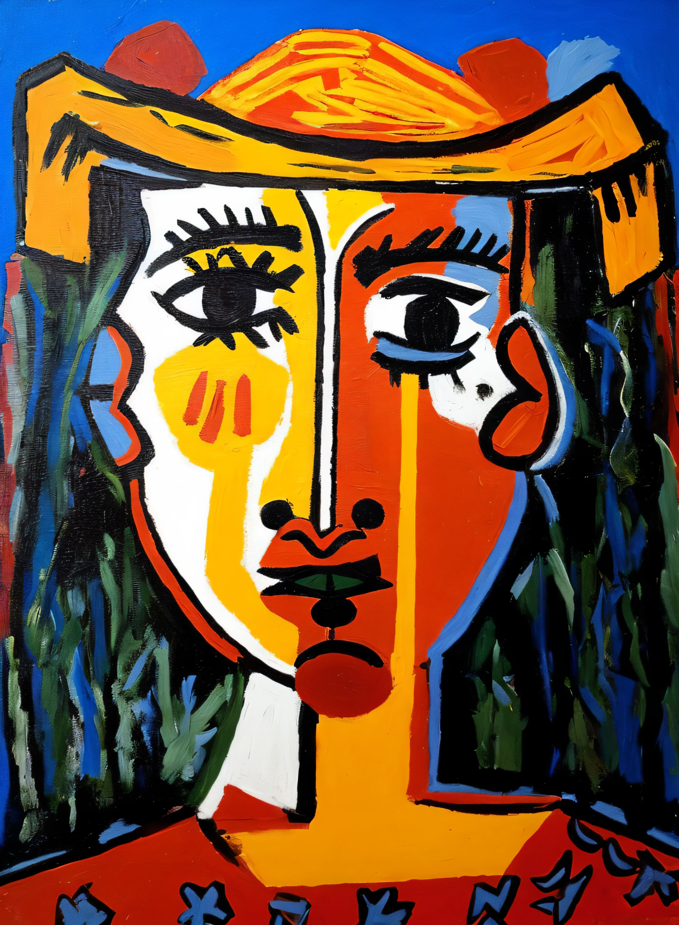 painting of a woman with a hat on her head, inspired by Pablo Picasso, picasso style, inspired by Picasso, style of picasso, picasso masterpiece, by Picasso, pablo picasso painting, cubist picasso, kiki picasso style, inspired by Dora Maar, by Pablo Picasso, similar aesthetics to picasso, woman with hat, abstract face, inspired by Enzo Cucchi