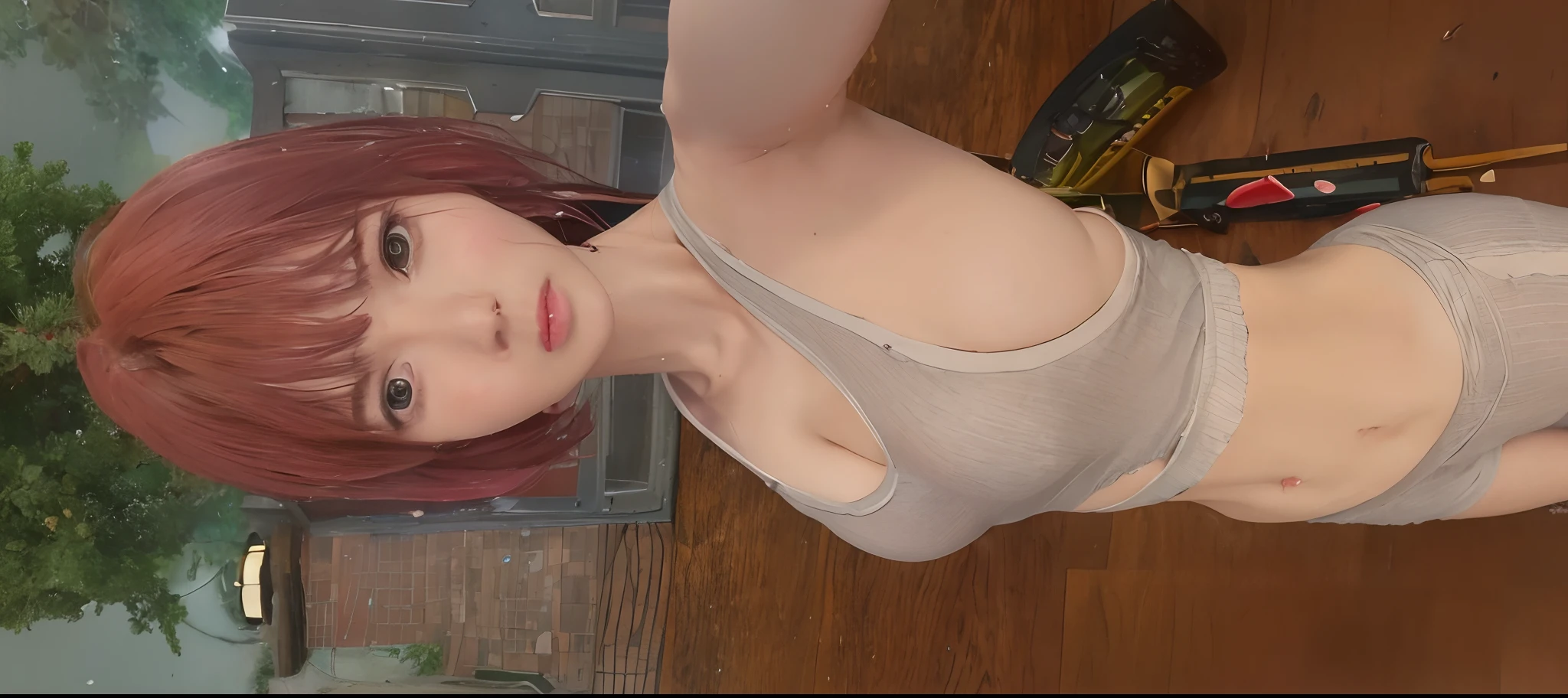 ((Best quality, 8k, Masterpiece: 1.3)), Sharp focus: 1.2, A beautiful woman with perfect body: 1.4, Slim abdomen: 1.2, ((Layered haircut, Large breasts: 1.2)), (no bra) (Small and beautiful hard nipple) (Thin and damp button up to shirt length: 1.1), (White shirt wet by rain), (Rain, Street: 1.2), Wet body: 1.1, Highly detailed face and skin texture, Detailed eyes, Double eyelid, tanned skin, sexy, tan, dark skin, tanned body, exposed shoulders, cleavage