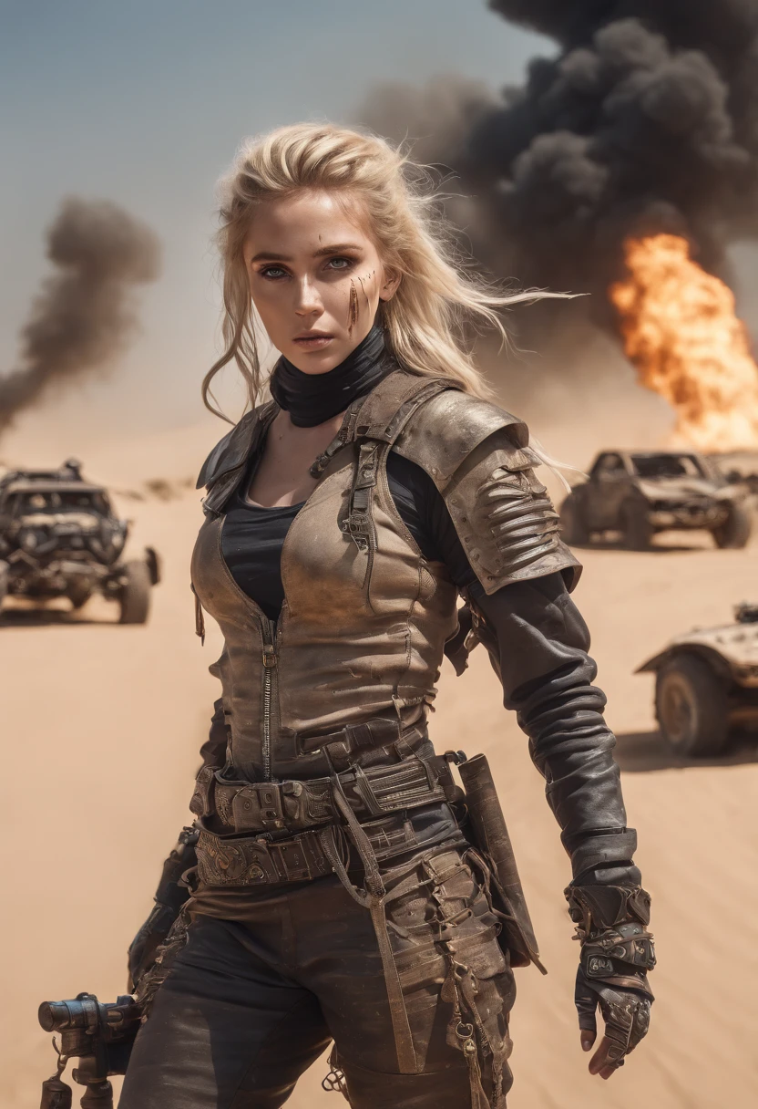 Mad Max style photo of young female, blonde dreadlocks, mech armour, driving dune buggy, desert sands, dust clouds, abstract beauty, near perfection, pure form, intricate detail, Mushroom Cloud, winner of the year's best photo, the world on fire, post-apocalyptic hellscape military photography, photo epic of the year, fire on the horizon, epic cinematic shot, pure form, intricate detail, 8k post-production, High resolution, super Detail, trending on ArtStation, sharp focus, studio photos, intricate detail, Very detailed, By Greg Rutkowski, 8