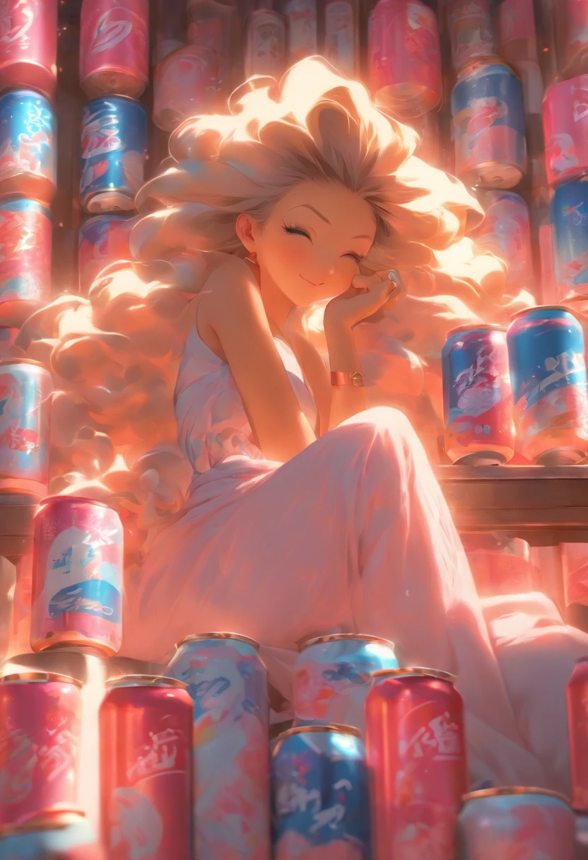 An elegant woman, sitting comfortably at home, is sipping a can of pink and blue beverage. The cans catch attention with the word "BYSELF" printed on them. The woman appears relaxed, leisurely enjoying her drink. Her cheeks are blushing, and the beverage inside the cans is sparkling. The atmosphere is inviting and calming, creating a sense of tranquility. The lighting is soft, enhancing the cozy ambience of the room. The woman's appearance is sophisticated, exuding grace and poise. The overall image quality is of the highest standard, with ultra-detailed textures and vivid colors. The style leans towards product photography, showcasing the beverage cans in an appealing way.