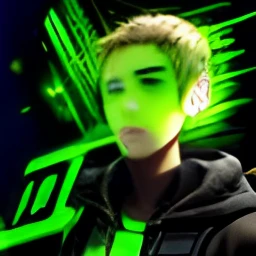 (Absurdres, Intricate Details, Masterpiece, Best Quality, High Resolution, 8k), 1 male, czech, mature, aged up, handsome, finely detailed eyes and face, yellow thin beard hair, yellow eyes,portrait, looking at viewer, solo, (full body:0.6), detailed background, detailed face, (watchdogs theme:1.1) high-tech futuristic hacker, advanced technology, hoodie, techwear, keycard, electronics, head-up display, (holographic display:1.05), access granted, encoded text, computer, password, hacker van in background, green lights, cyber-warfare, dark sinister atmosphere, Depth of Field, VFX.