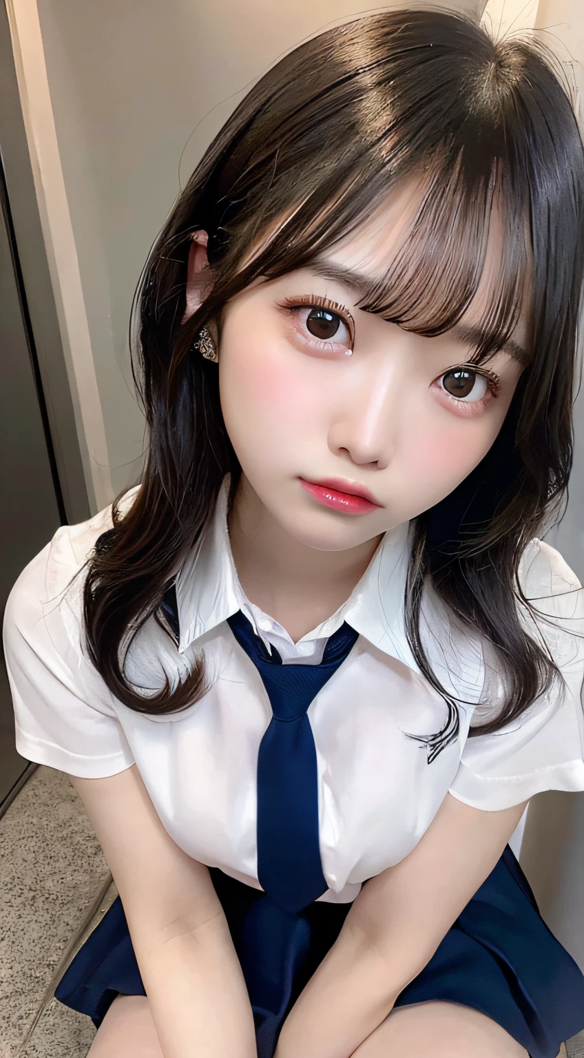 femele、23years old, high-school uniform:1.2,Dark blue skirt、White Short Sleeve Y-Shirt、shortsleeves、neck tie、Raw feet、beauty legs、irate、glares、get angry、feeling of disgust、step、Kicking、hit、masutepiece, Random Poses、超A high resolution, (Ecstasy:1.0), 1girl in, (sobbing:1.0), Dark hair, Dramatic Lighting, female dog, Normal-breasted,