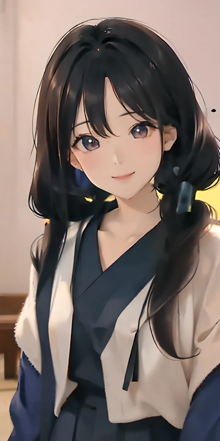 Beautiful Japan Woman, Nice perfect face with soft skin, Small face with nose and lips like a rose, Beautiful eyes, Beautiful smile. Black, Thin and long beautiful hair wrapped in a bright and etheric shine. Gradient Highlight Greige Layer Loose Fluffy Medium Hairstyle, Navy Band Color Kiss Flared Skirt, Bright neon colorful background, Ultra realistic women pictures, High quality high-resolution 8K masterpiece