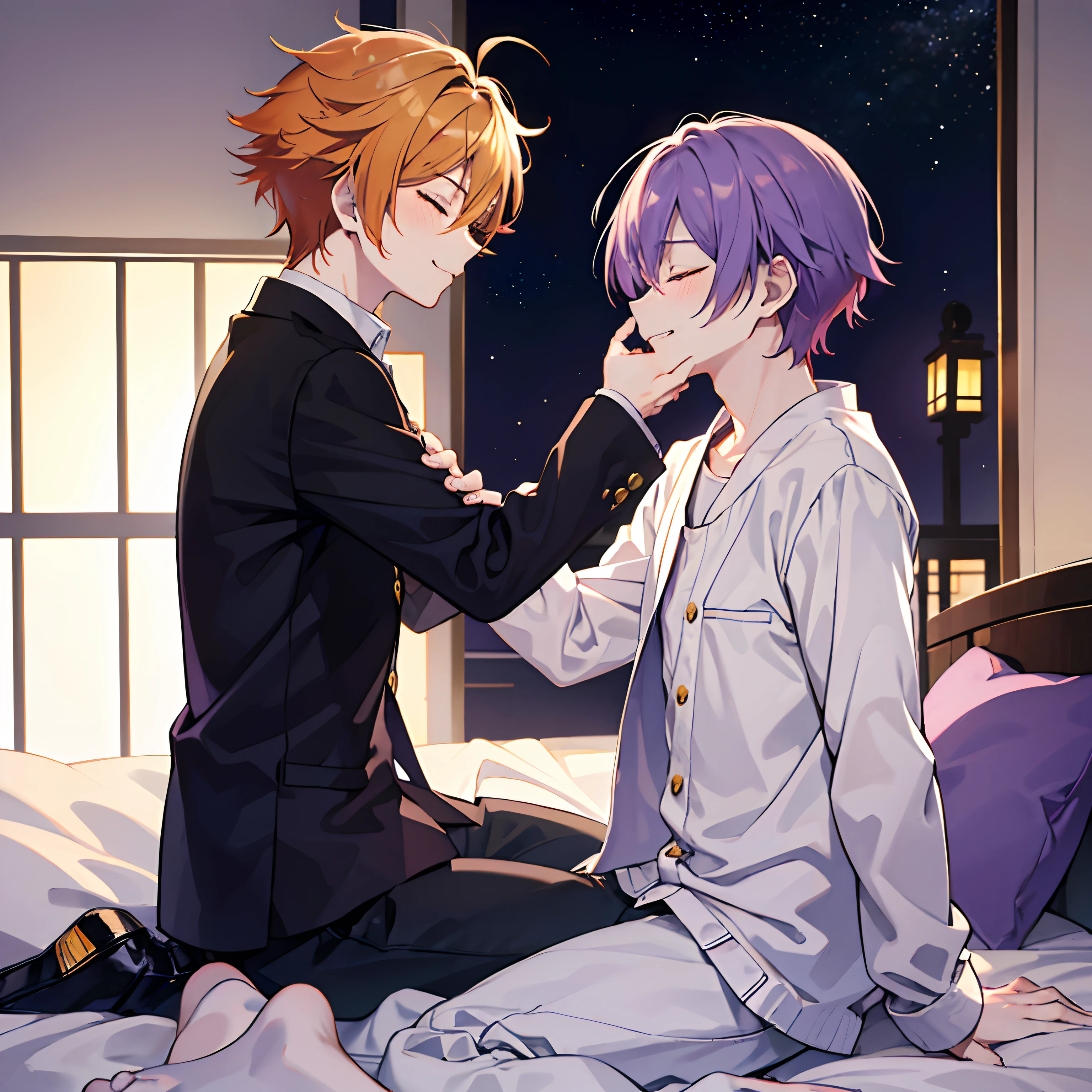 2masculine boy, Kamishiro Rui \(project sekai\), purple hair, blue strand, and Tsukasa Tenma, \(project sekai\), yellow-orange hair, they both on the bed in the bedroom, Kamishiro Rui sitting on bed, Tsukasa kissing Rui's lips, slightly smiles with his eyes closed, and there's a dark everywhere but a stars lights above them