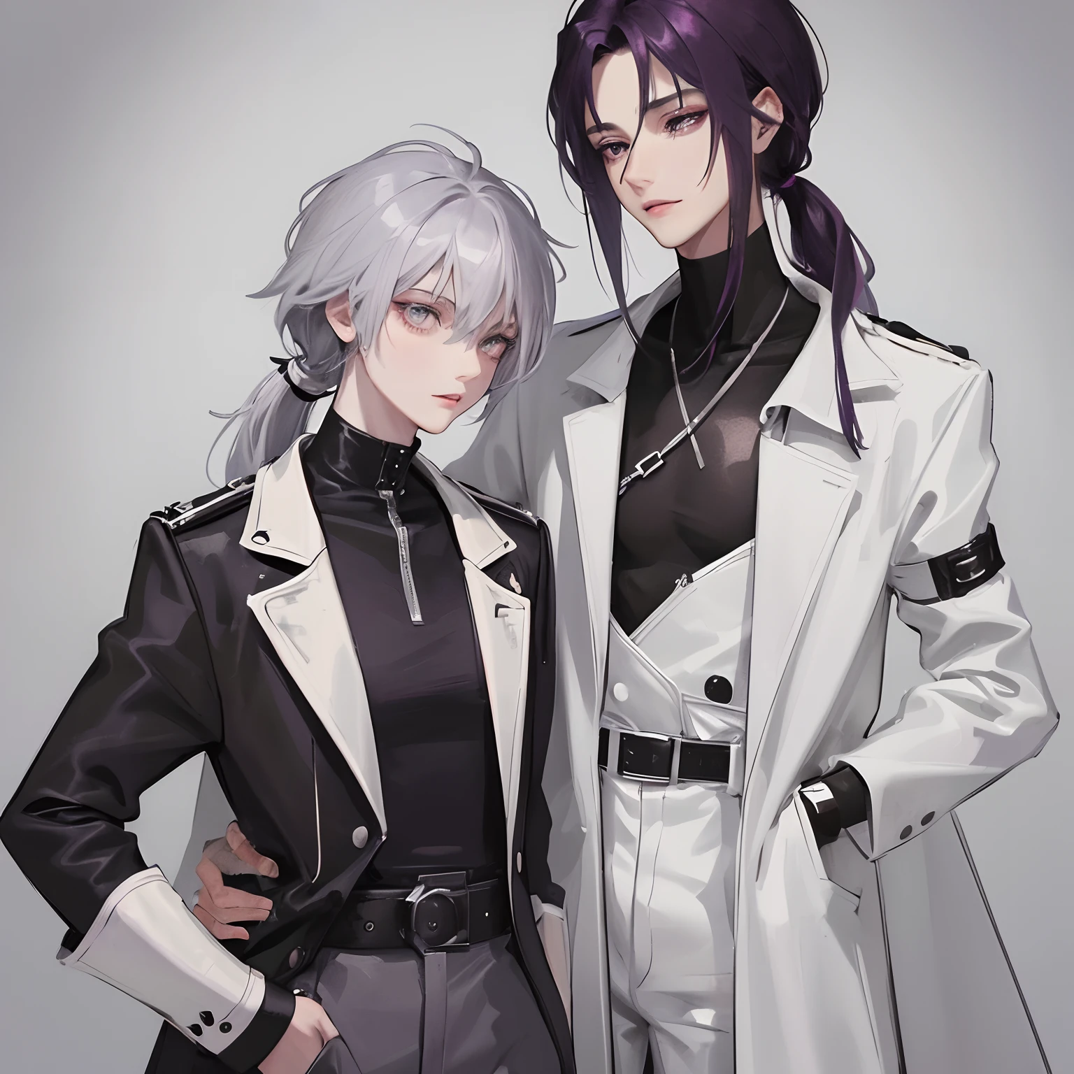 young skinny guy, delicate facial features, long dark purple hair gathered in a low ponytail, a lot of silver jewelry, dark tight-fitting clothes, white coat, belts, dark faded look, tired face, many details