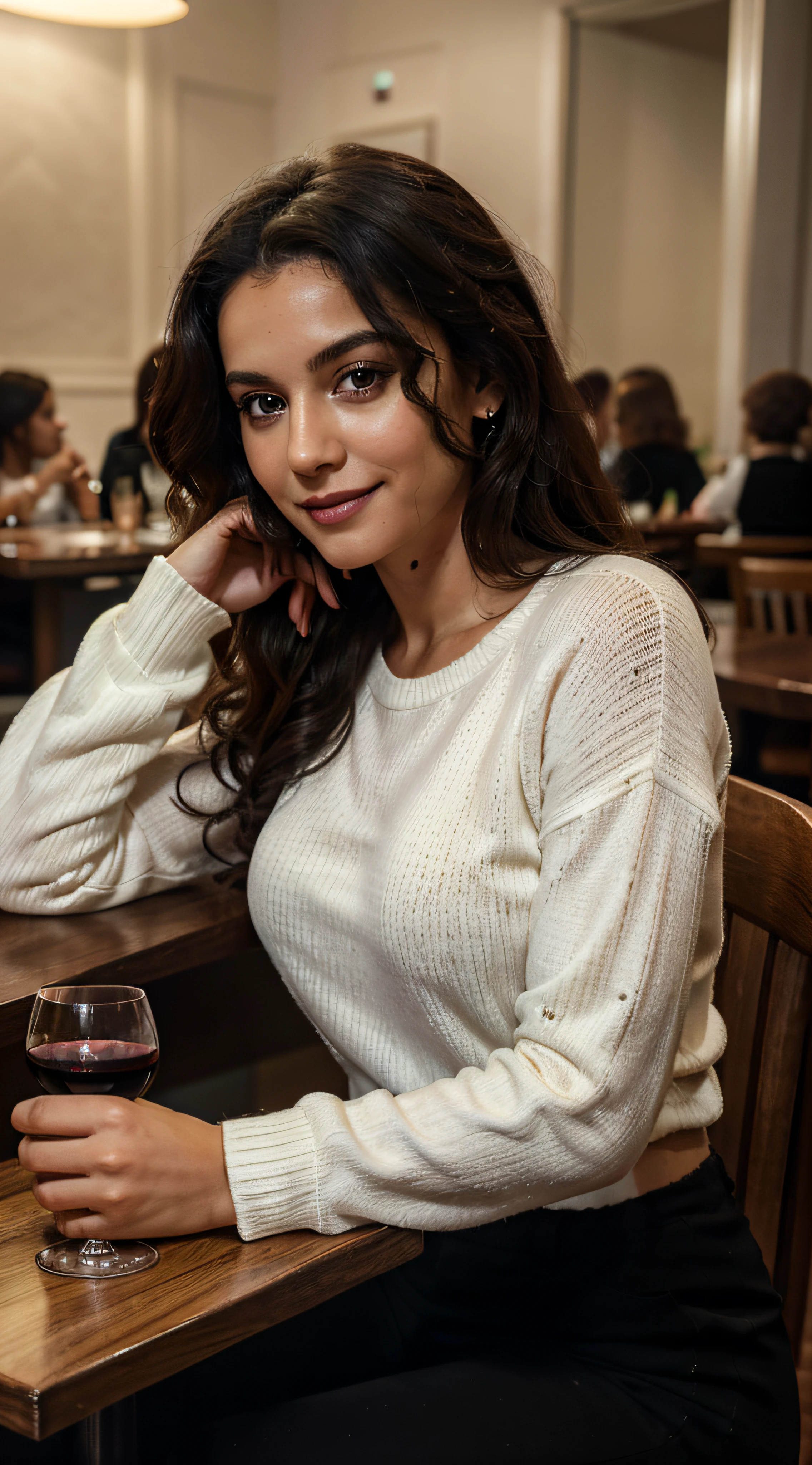Araffe woman sitting at a table with a glass of wine - SeaArt AI