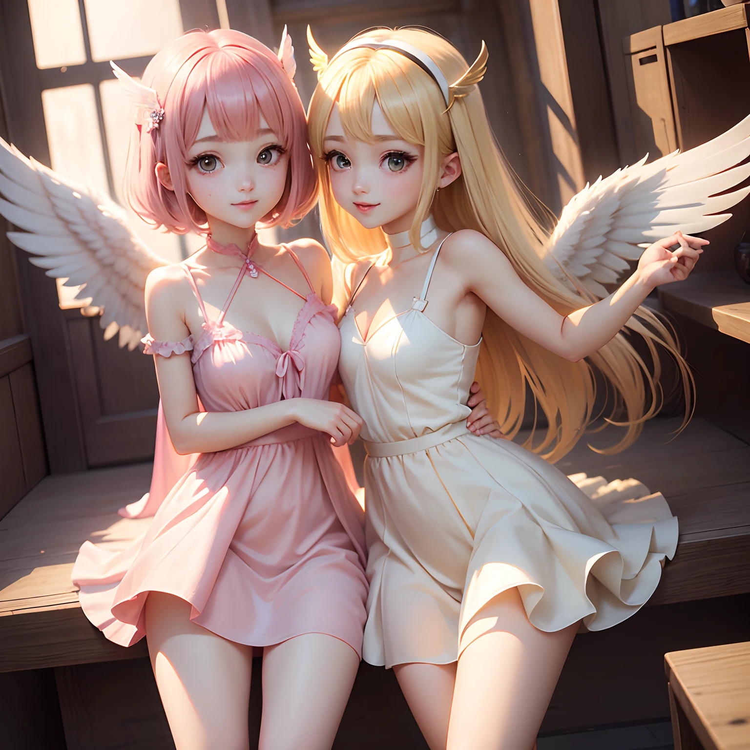 animesque、1:1 style、Two-headed body、tchibi、Two-winged angel girl、Young features、a smile、Blonde short、Eyes are crisp and beautiful、full bodyesbian、flawless、pink dress