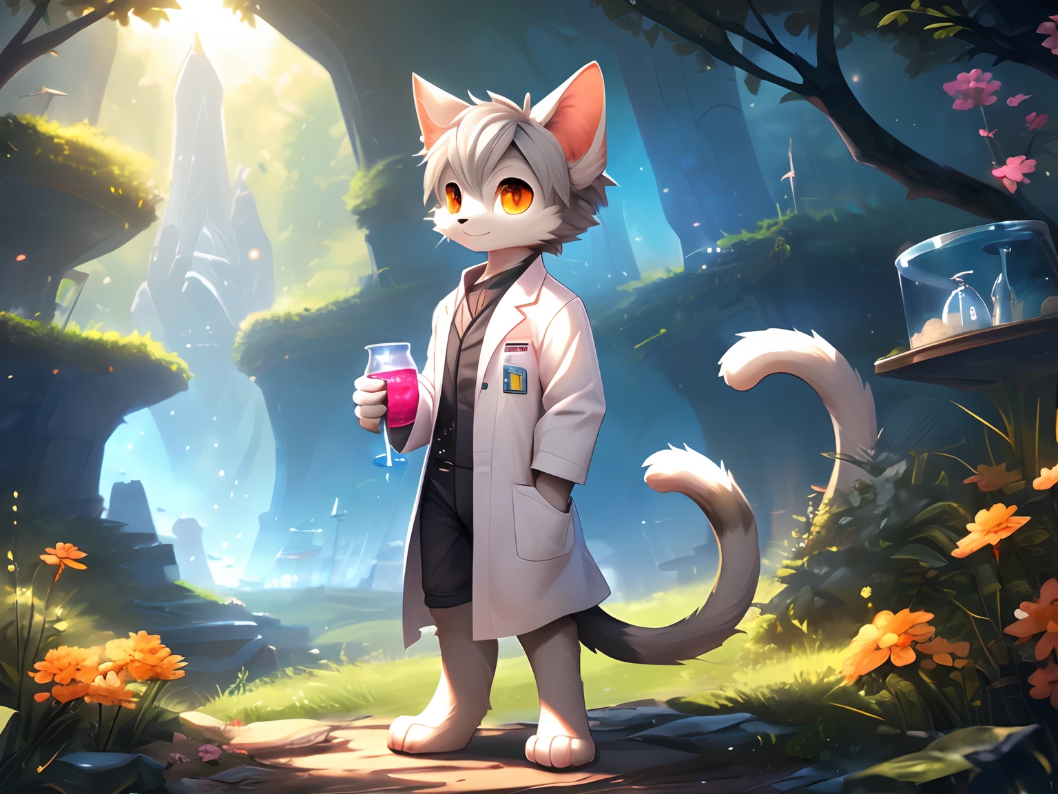 (best quality,8k wallpaper,ultra-detailed,),illustration,nature,animals,furry,cat,gray hair,orange eyes,pink paws,bell,boy,standing,cute,lab coat,holding a conical flask,sci-fi,slender figure