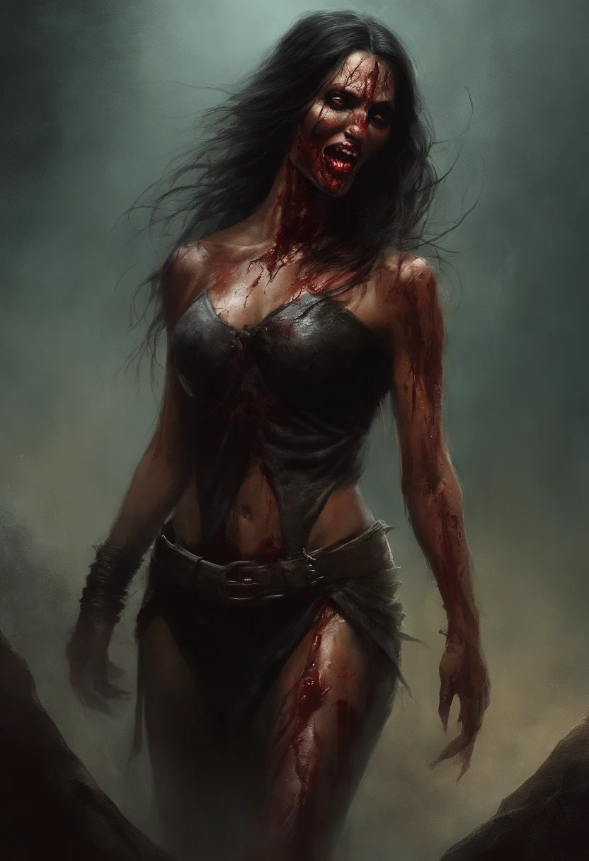 A painting of a female Nicole Scherzinger demonic creature with a bloodied face and a bloodied head, carnage, Sci - Horror Art of Fiction, Science fiction horror artwork, inspired by Aleksi Briclot, Crocs de carnage, Horror fantasy art, par Aleksi Briclot, Horror concept art, venin, Art fantastique et horreur, Detailed illustration of 4K horror, Demonic creature, Dark Fantasy Horror Art