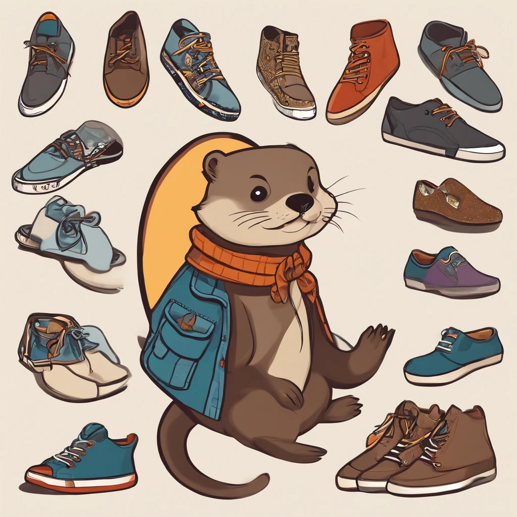 otter with shoes, cute, street fashion, flat color, vector, cartoon, detail, fashion and design, sticker design,