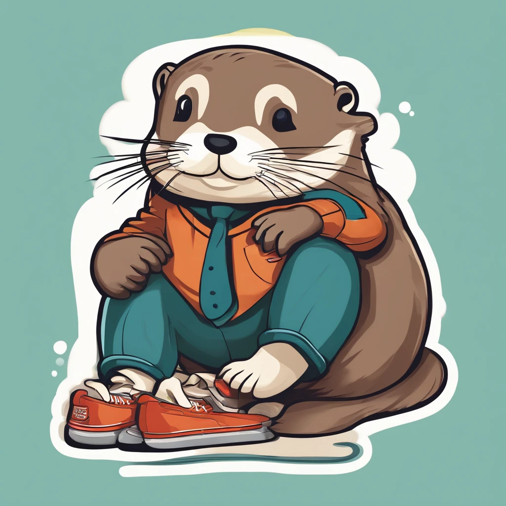 otter with shoes, cute, street fashion, flat color, vector, cartoon, detail, fashion and design, sticker design,