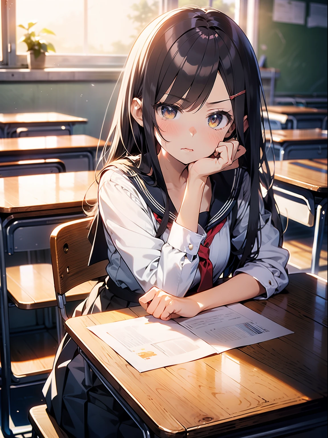 in 8K、top-quality、masterpiece、ultra-detailliert、Ultra-high resolution、Anime style、1 girl、Classroom、angry