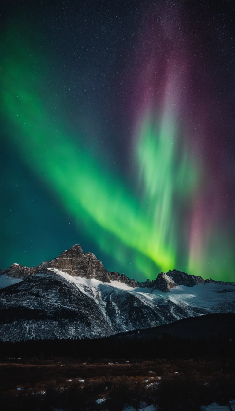 photograph of icy rocky mountain showcasing nature's vibrant aurora in starry night time, bright color, high contrast, dramatic