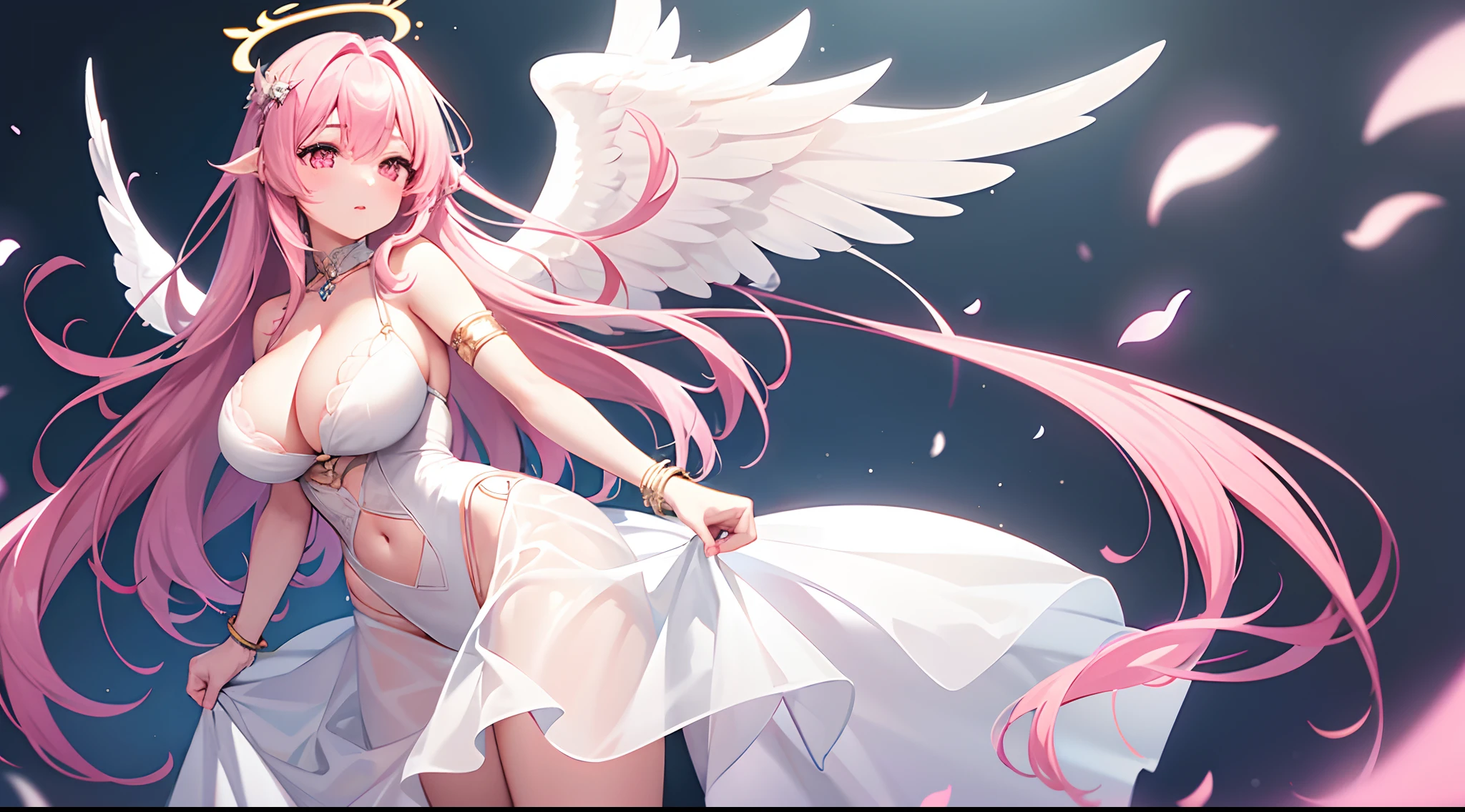 1 girl, game CG, 1 girl, game CG, see-through white dress, cleavage visible, shoulders visible, long white skirt, angel halo, angel wings, bangles, gigantic breasts, pink hair, long hair, straight hair , ahoge, pink eyes,