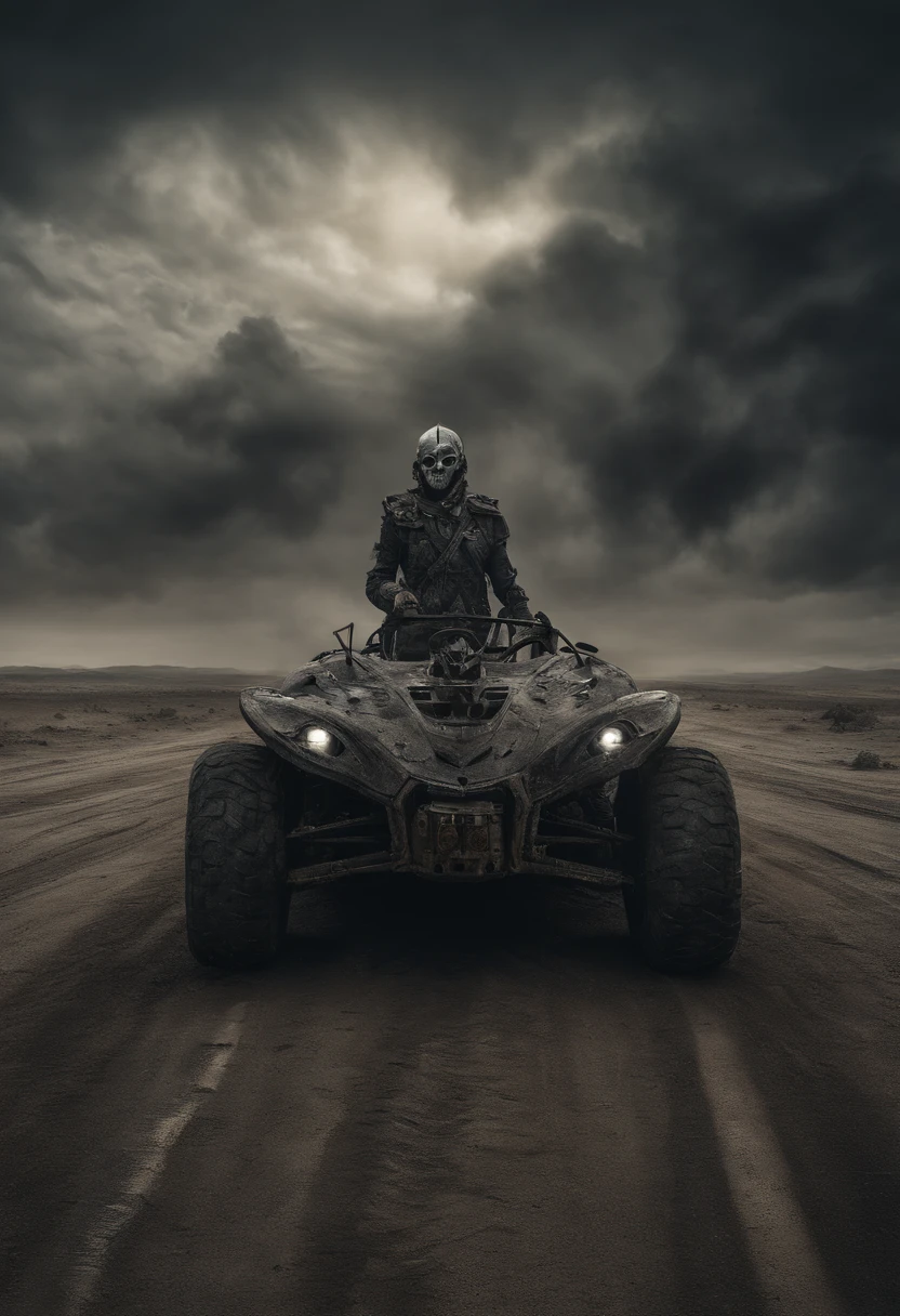 Mad Max style photo of young female, blonde dreadlocks, mech armour, driving dune buggy, desert sands, dust clouds, abstract beauty, near perfection, pure form, intricate detail, Mushroom Cloud, winner of the year's best photo, the world on fire, post-apocalyptic hellscape military photography, photo epic of the year, fire on the horizon, epic cinematic shot, pure form, intricate detail, 8k post-production, High resolution, super Detail, trending on ArtStation, sharp focus, studio photos, intricate detail, Very detailed, By Greg Rutkowski, 8