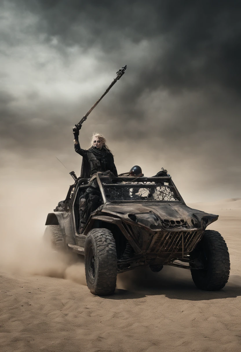 Mad Max style photo of young female, blonde dreadlocks, mech armour, driving dune buggy, desert sands, dust clouds, abstract beauty, near perfection, pure form, intricate detail, Mushroom Cloud, winner of the year's best photo, the world on fire, post-apocalyptic hellscape military photography, photo epic of the year, fire on the horizon, epic cinematic shot, pure form, intricate detail, 8k post-production, High resolution, super Detail, trending on ArtStation, sharp focus, studio photos, intricate detail, Very detailed, By Greg Rutkowski, 8