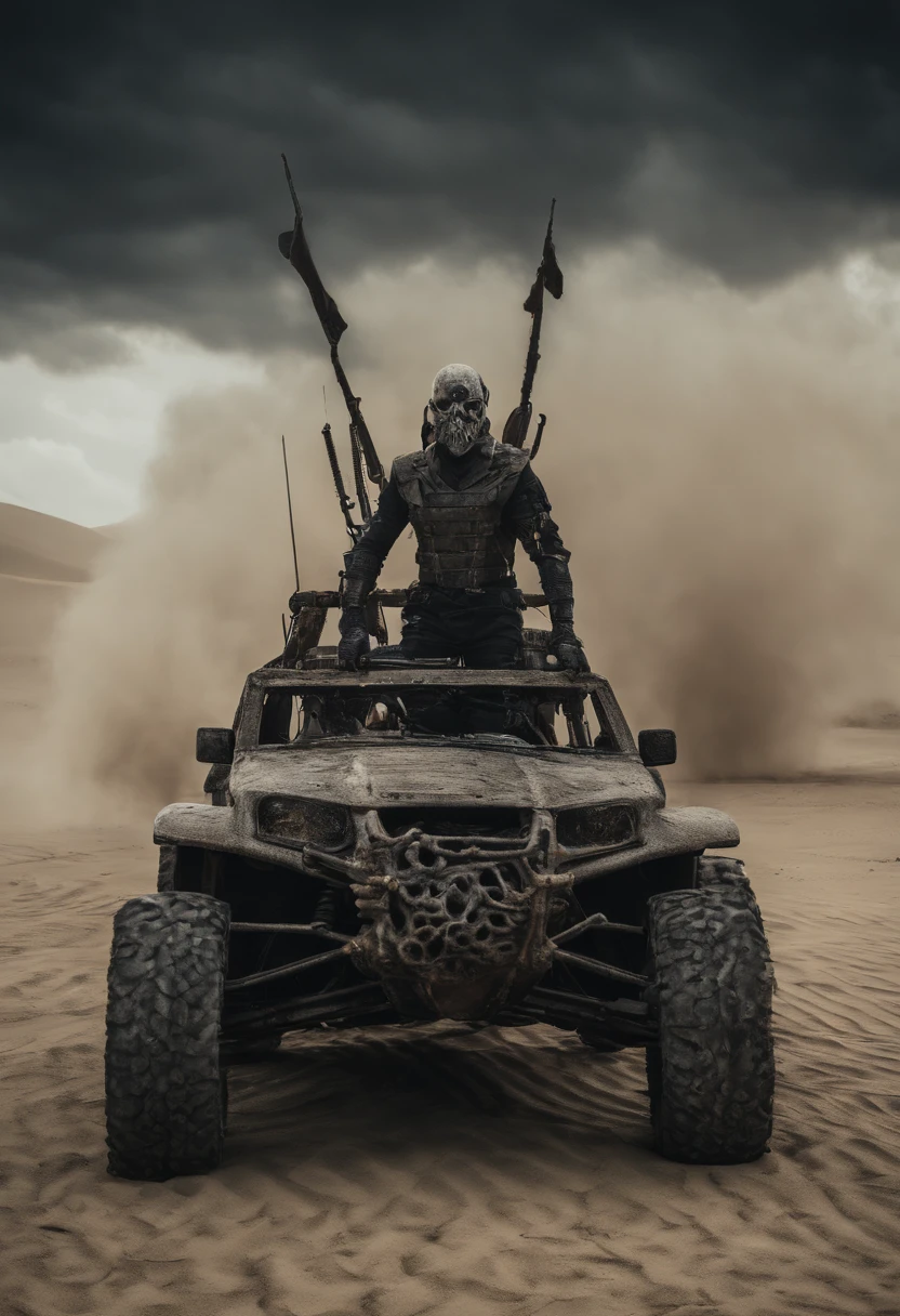 Mad Max style photo of young female, blonde dreadlocks, mech armour, driving dune buggy, desert sands, dust clouds, abstract beauty, near perfection, pure form, intricate detail, Mushroom Cloud, winner of the year's best photo, the world on fire, post-apocalyptic hellscape military photography, photo epic of the year, fire on the horizon, epic cinematic shot, pure form, intricate detail, 8k post-production, High resolution, super Detail, trending on ArtStation, sharp focus, studio photos, intricate detail, Very detailed, By Greg Rutkowski, 8