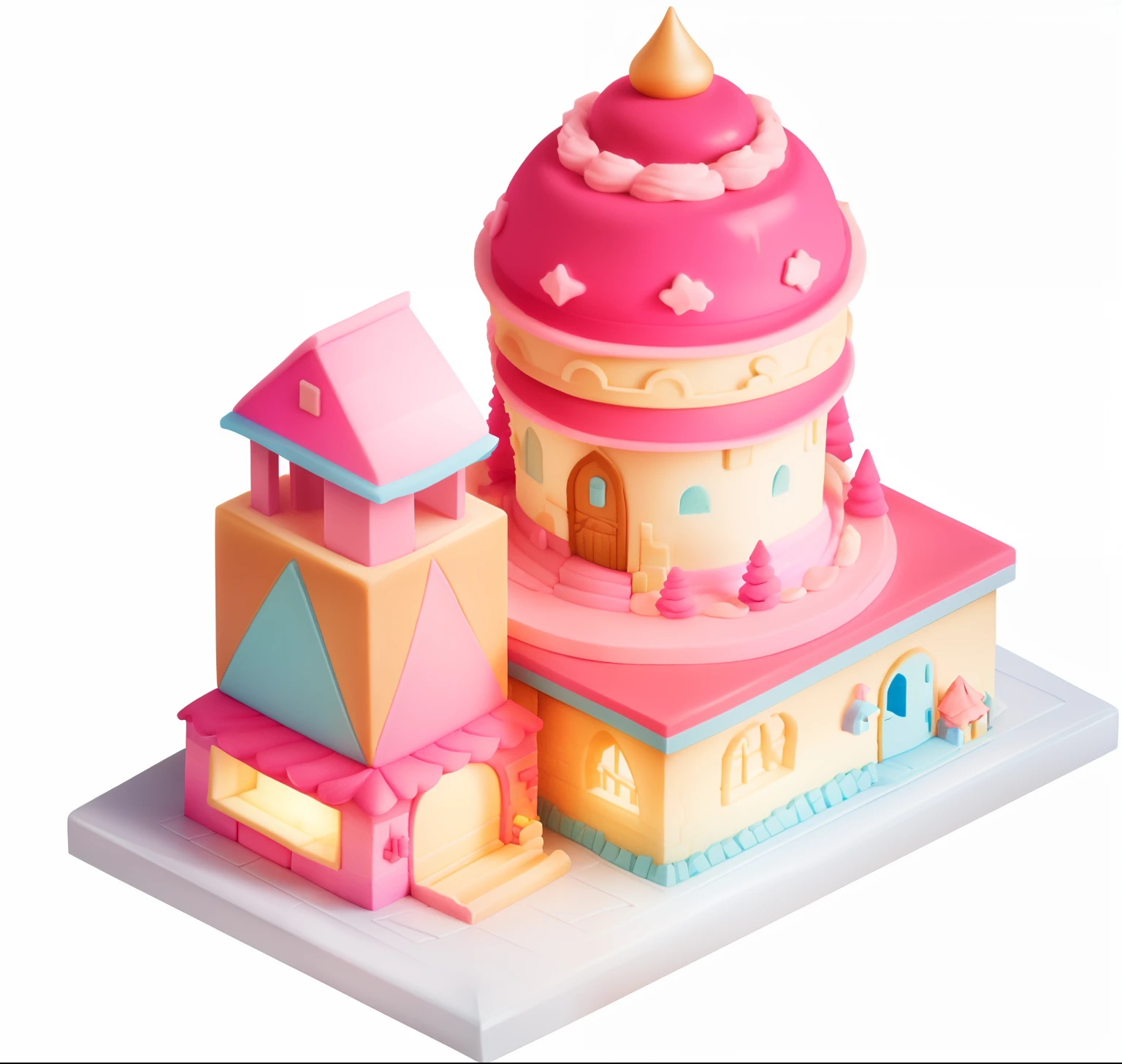 Cake with pink top and close up of pink tower, fantasy bakery, Isometric 3d fantasy cute house, 3 d stylize scene, Isometric 3D fantasy, isometric game asset, Stylized 3 D, kawaii hq render, isometric game, in a candy land style house, Isometric art, 3d isometric