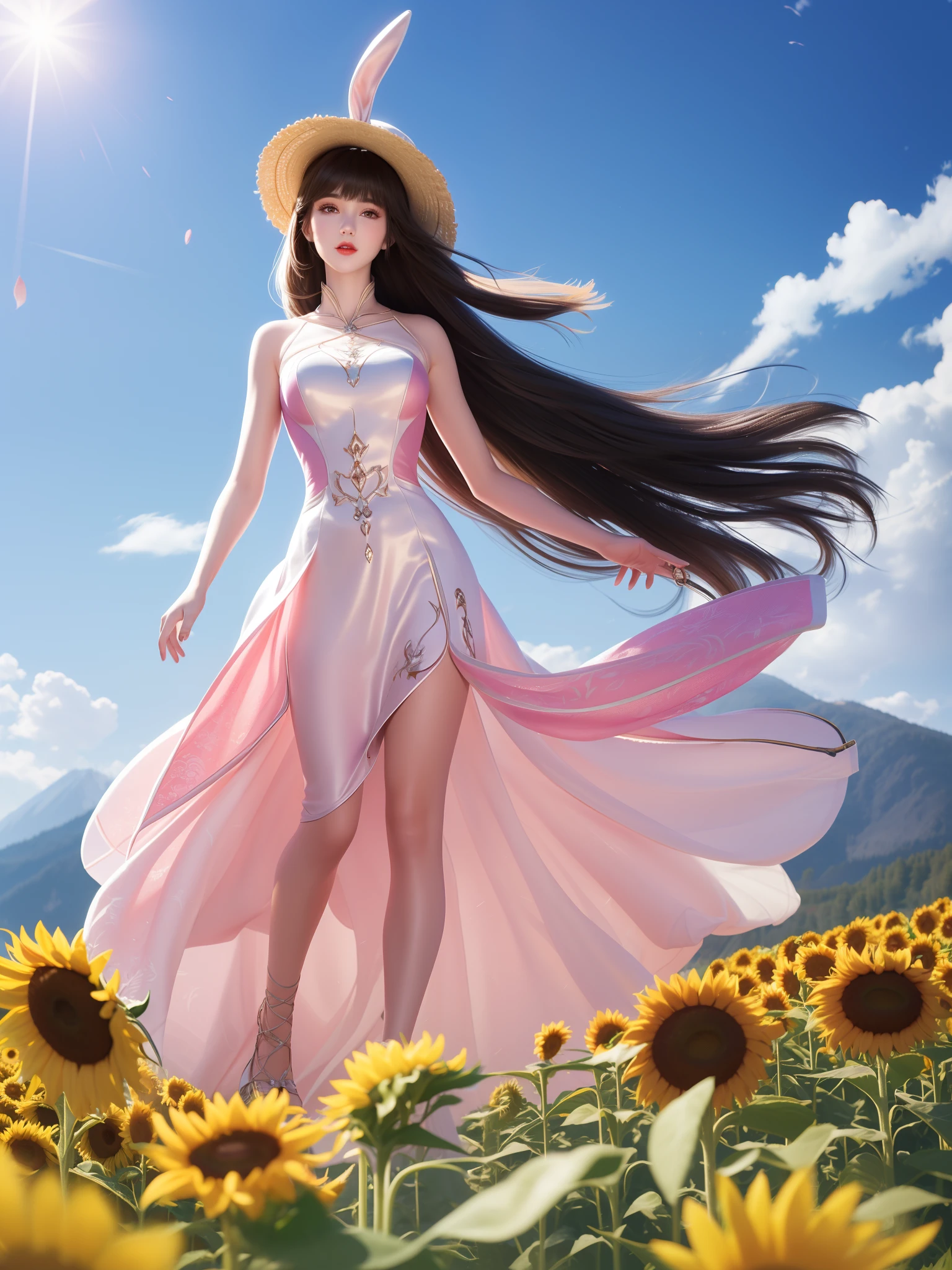 high-quality digital art, happy, red lips, long black hair, wavy long hair, bangs, straight bangs, brown eyes, white skin, red nails, picture-perfect face, flawless, clean, masterpiece, (((sharp))) ((focus)) (instagram) (8k) masterpiece, beautiful dress, delicate tracing, pink accents, digital painting, outside, sunflower field, highly detailed light, cinematic light, high-quality, a digital painting masterpiece, best quality, absurdly high resolution, mountains, windy day, sunflower petals, straw hat, cloudy sky, sun, wind, sunflowers, detailed background, big field, rustic feel, intricate details, glow, shiny hair, black hair, loose hair, lustrous skin, dynamic vibe, windblown hair, one girl,DLDLxiaowu, 1girl,solo, rabbit ears, pink dress, long hair, brown hair, full body