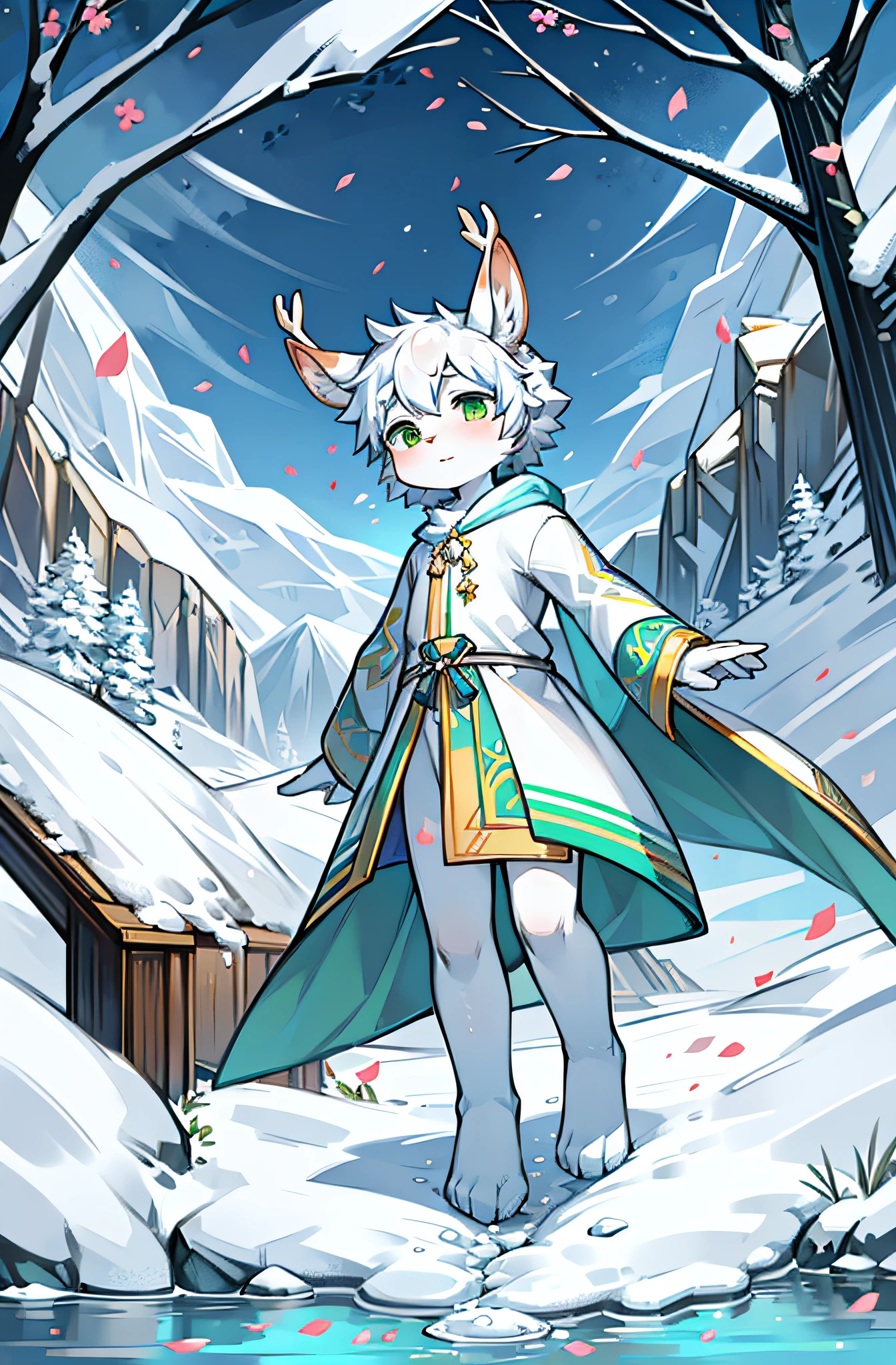 A white deer,deer antlers,rios,mountain ranges,long white robe,Green eyes,blue-sky,White petals,Melting of ice and snow,Melting of ice and snow,Shota,adolable,White pear blossom tree,Shota,adolable,Green clothing,White ears,Fluffy ears,Petals fall all over the ground,The petals float in the air,flowing river,Peach tree,looking toward the viewer