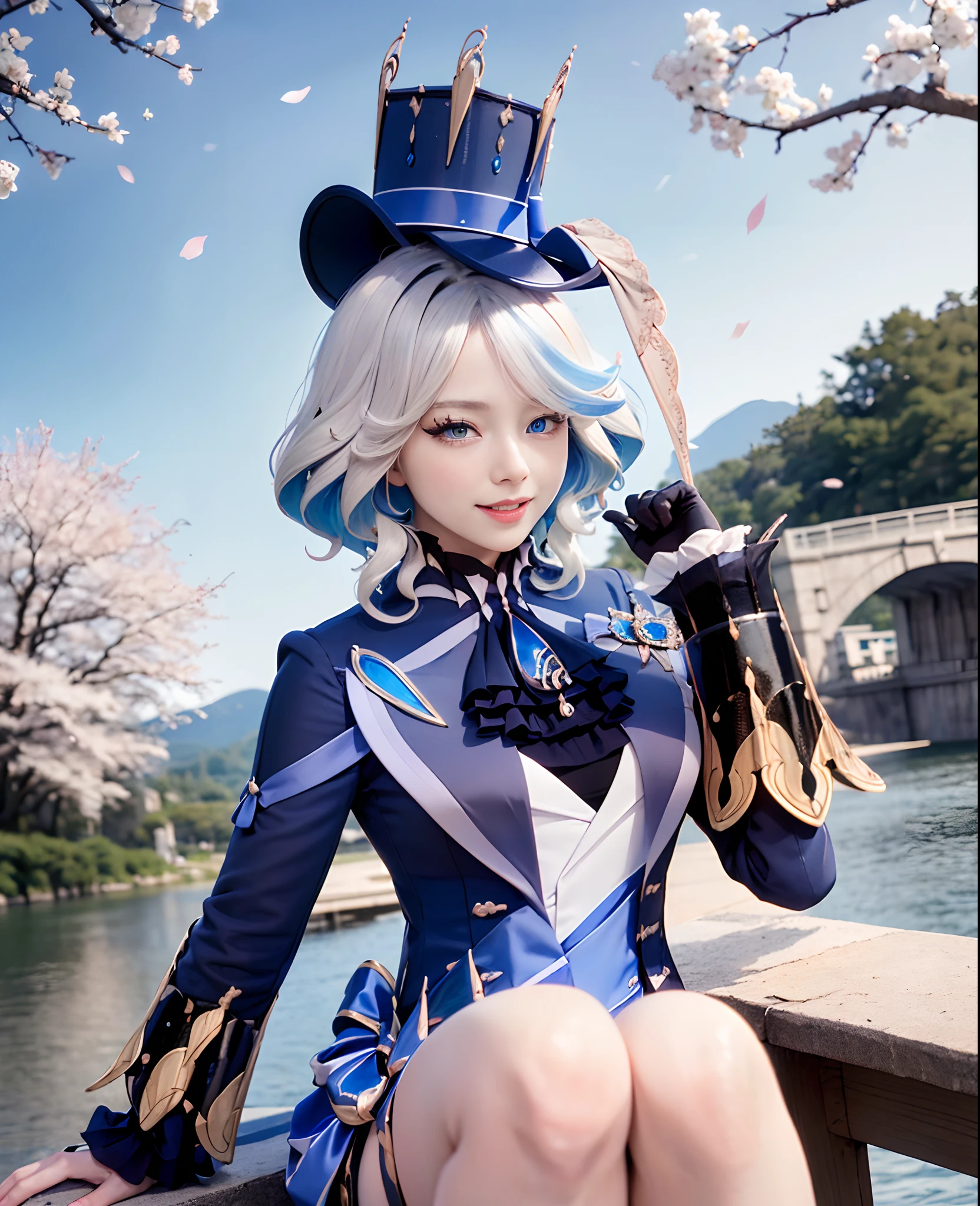 masterpiece, best quality, ultra detailed, bright, glow light, ray tracing, HDR, depth of field (perfect face, detailed face, detailed eyes, perfect hands), (medium breasts: 1.2), 8k, HD, ultra realistic face, ray tracing, perfect lighting, best quality, bright and ultra detailed eyes, (looking at viewer, open mouth smile: 1.1), ((1 girl)), (mature woman: 1.4 ), cowboy photo, thighs, point of view, furina, long hair, hair over one eye ((gradient hair)), multicolored eyes, gradient eyeright eyes: 1.5), mascara, (fashion makeup), half-open lips, blush, neckline, hat, jewelry, short neckline, blue neckline, flower, white miniskirt, black gloves, miniskirt, short skirt, blue neckline, brooch, gem, blue hats, blue flower, hat flower, blue rose, tilted hats, blue gemstone, blue scarf ((in the middle of the Japanese countryside, Japanese bridge, over the bridge, river, cherry trees, cherry petals, dark blue sky, Koi in the river)), (complex background, many elements in the background: 1.2), ((super detailed background )), lover poses, ((8k wallpaper)),