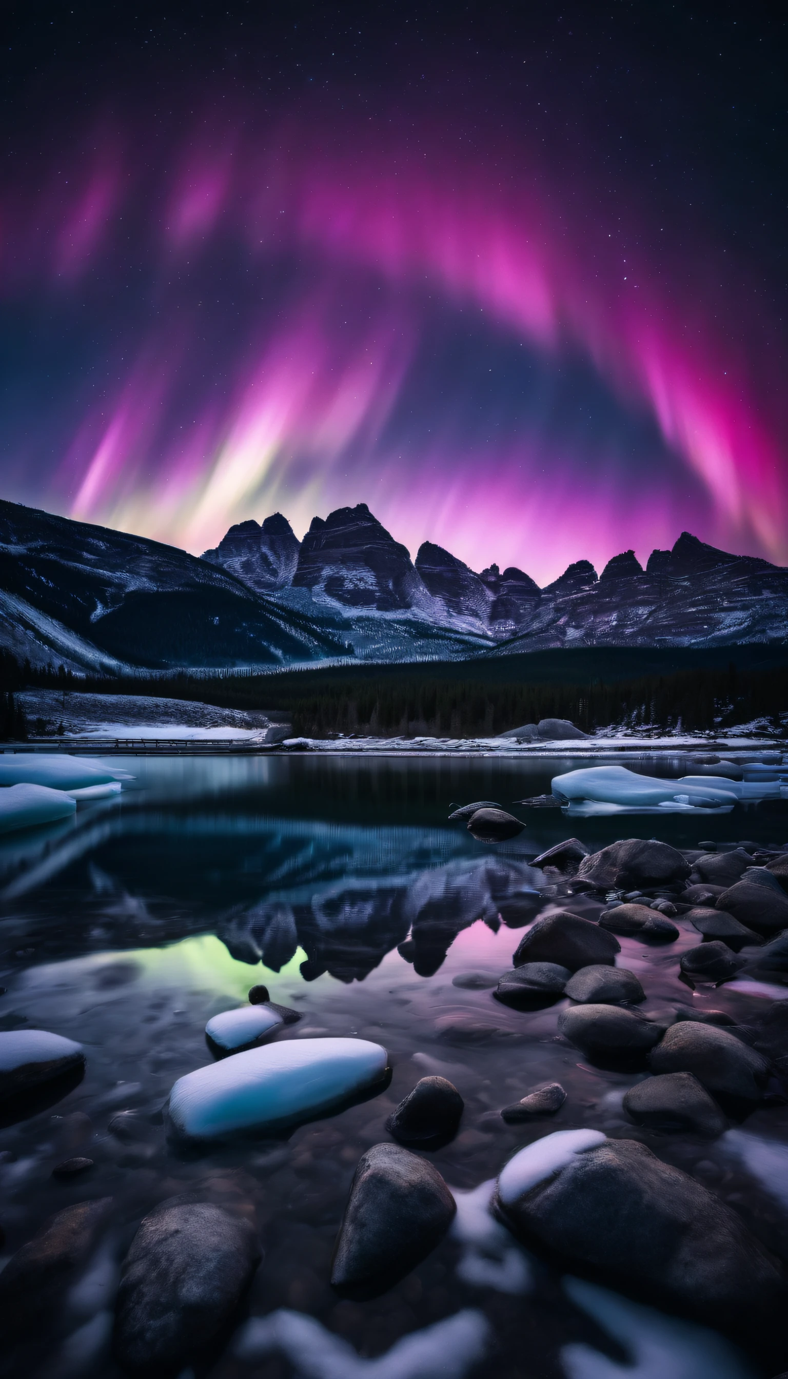 photograph of icy rocky mountain showcasing nature's vibrant aurora in starry night time, bright color, high contrast, dramatic, graffiti light