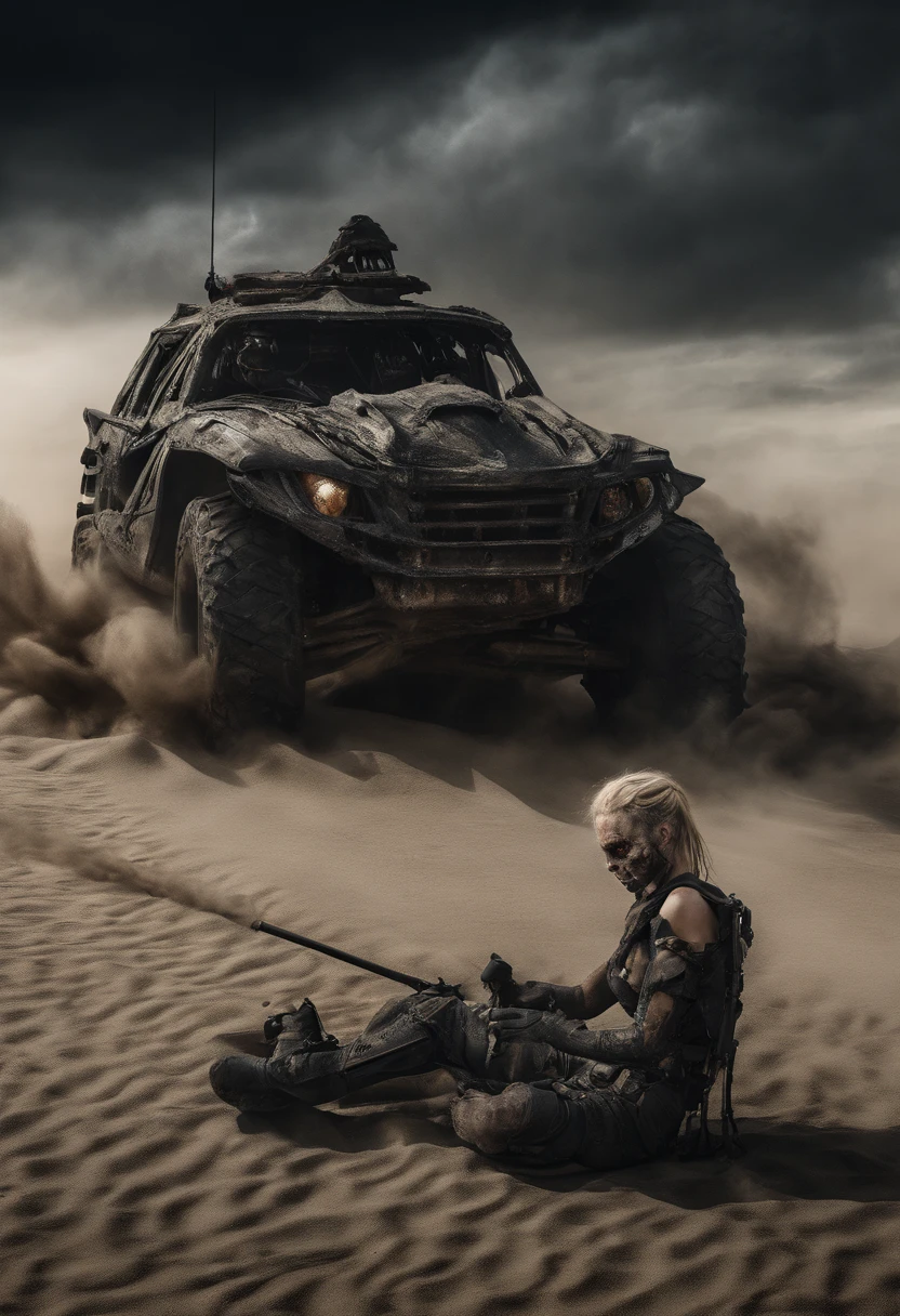 Mad Max style photo of young female, blonde dreadlocks, mech armour, driving dune buggy, desert sands, dust clouds, abstract beauty, near perfection, pure form, intricate detail, Mushroom Cloud, winner of the year's best photo, the world on fire, post-apocalyptic hellscape military photography, photo epic of the year, fire on the horizon, epic cinematic shot, pure form, intricate detail, 8k post-production, High resolution, super Detail, trending on ArtStation, sharp focus, studio photos, intricate detail, Very detailed, By Greg Rutkowski, 8