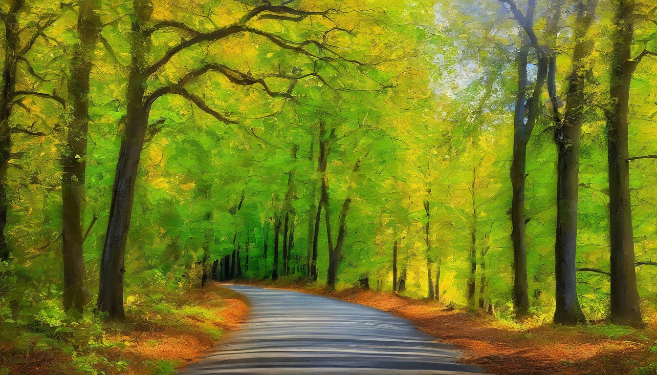 Wagas，sycamore，Green turns yellow，Realiy，Photore，middle of the road，Sycamore trees on both sides，ultraclear，The details are perfect，At the end of the road is a blue sky and white clouds，hyper HD，The details are perfect，The leaves are clear，Photogram
