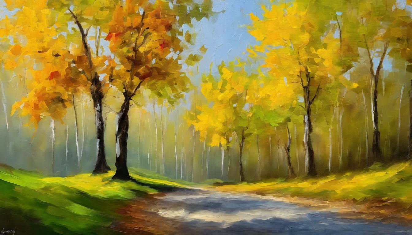 Wagas,sycamore,Green turns yellow,Realiy,Photore,middle of the road,Sycamore trees on both sides,ultraclear,The details are perfect,At the end of the road is a blue sky and white clouds,hyper HD,The details are perfect,The leaves are clear,Photogram