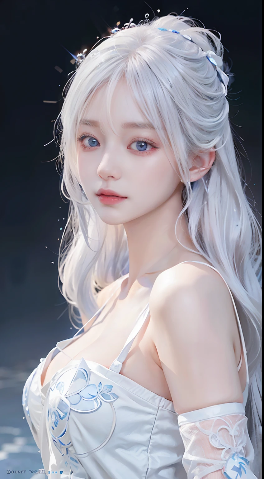 With white hair and blue eyes、Transcendent Beautiful Girl、It seems to be a fantastic existence。That white hair swayed in the wind、Blue eyes shine like a clear sky。Her skin is pure white、Detailed features color your facial features beautifully.。Her beauty is、Looks great against any background、Its presence will fascinate everyone.。