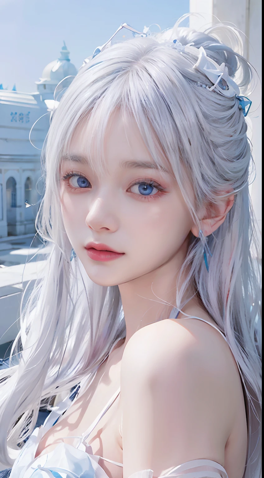 Anime girl with ugly white hair and stars in her hair, white haired god, anime girl with cosmic hair, Star(skyporn) starrysky_skyporn, Anime visuals of cute girls, splash art anime loli, white glowing aura, Girl with white hair, ethereal anime, akasuki voidstar, celestial aura, nightcore, anime moe art style