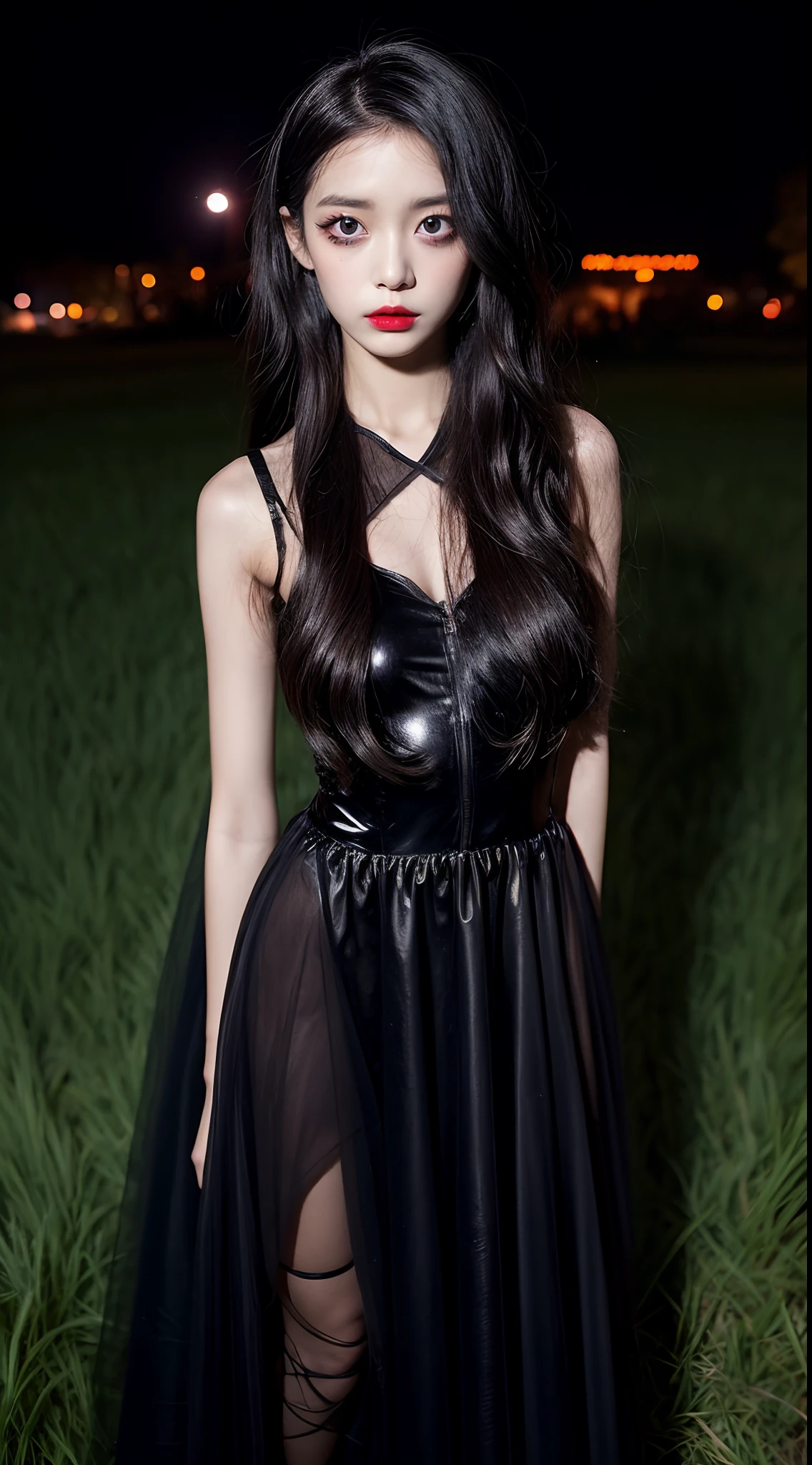 Girl in Halloween costume, black long hair with bangs, halloween dress, 90s, Striking a pose, natural make up, skinny girl, innocent, night in a grave