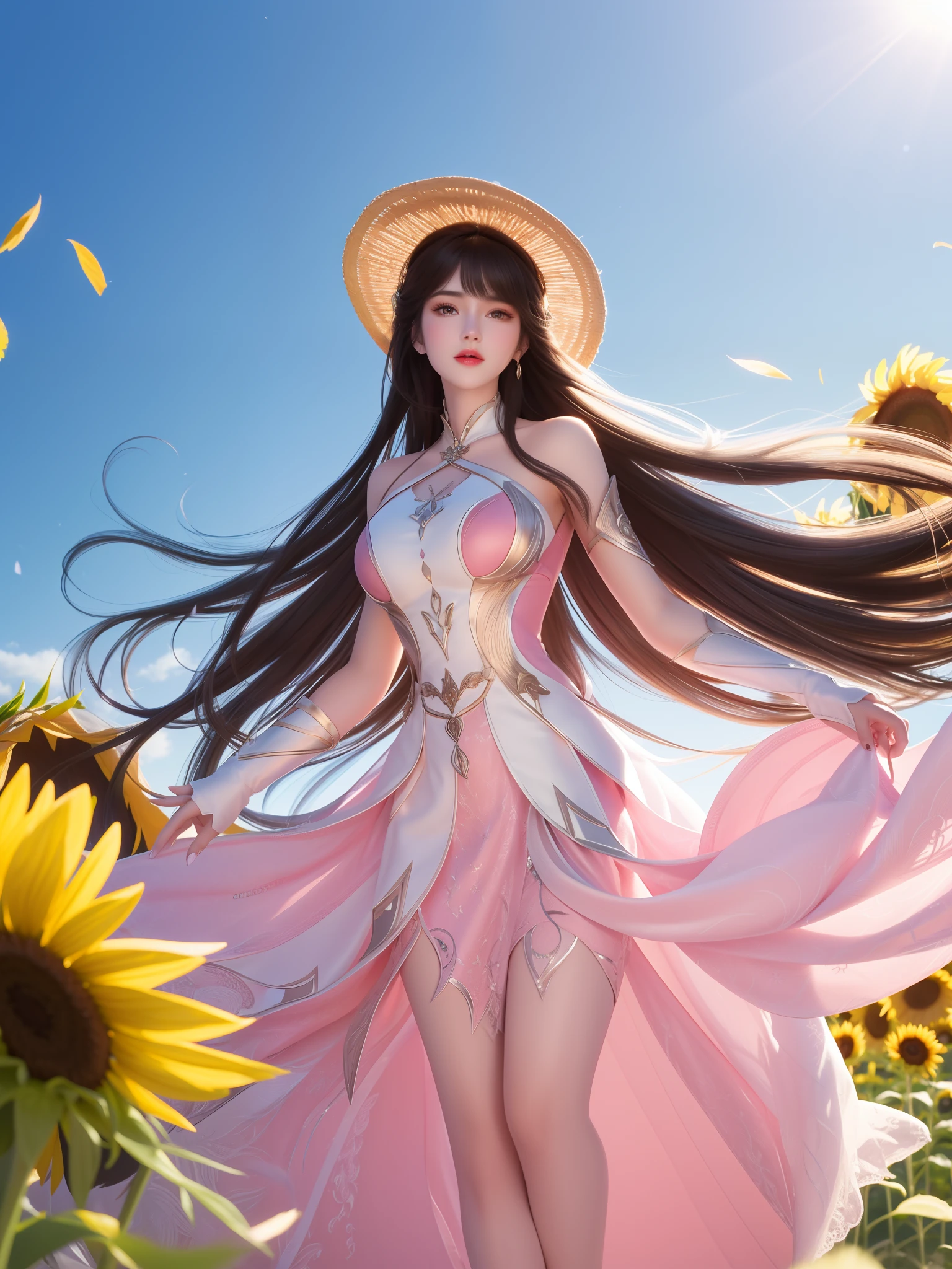 high-quality digital art, happy, red lips, long black hair, wavy long hair, bangs, straight bangs, brown eyes, white skin, red nails, picture-perfect face, flawless, clean, masterpiece, (((sharp))) ((focus)) (instagram) (8k) masterpiece, beautiful dress, delicate tracing, pink accents, digital painting, outside, sunflower field, highly detailed light, cinematic light, high-quality, a digital painting masterpiece, best quality, absurdly high resolution, mountains, windy day, sunflower petals, straw hat, cloudy sky, sun, wind, sunflowers, detailed background, big field, rustic feel, intricate details, glow, shiny hair, black hair, loose hair, lustrous skin, dynamic vibe, windblown hair, one girl,DLDLxiaowu, 1girl,solo, rabbit ears, pink dress, long hair, brown hair, full body