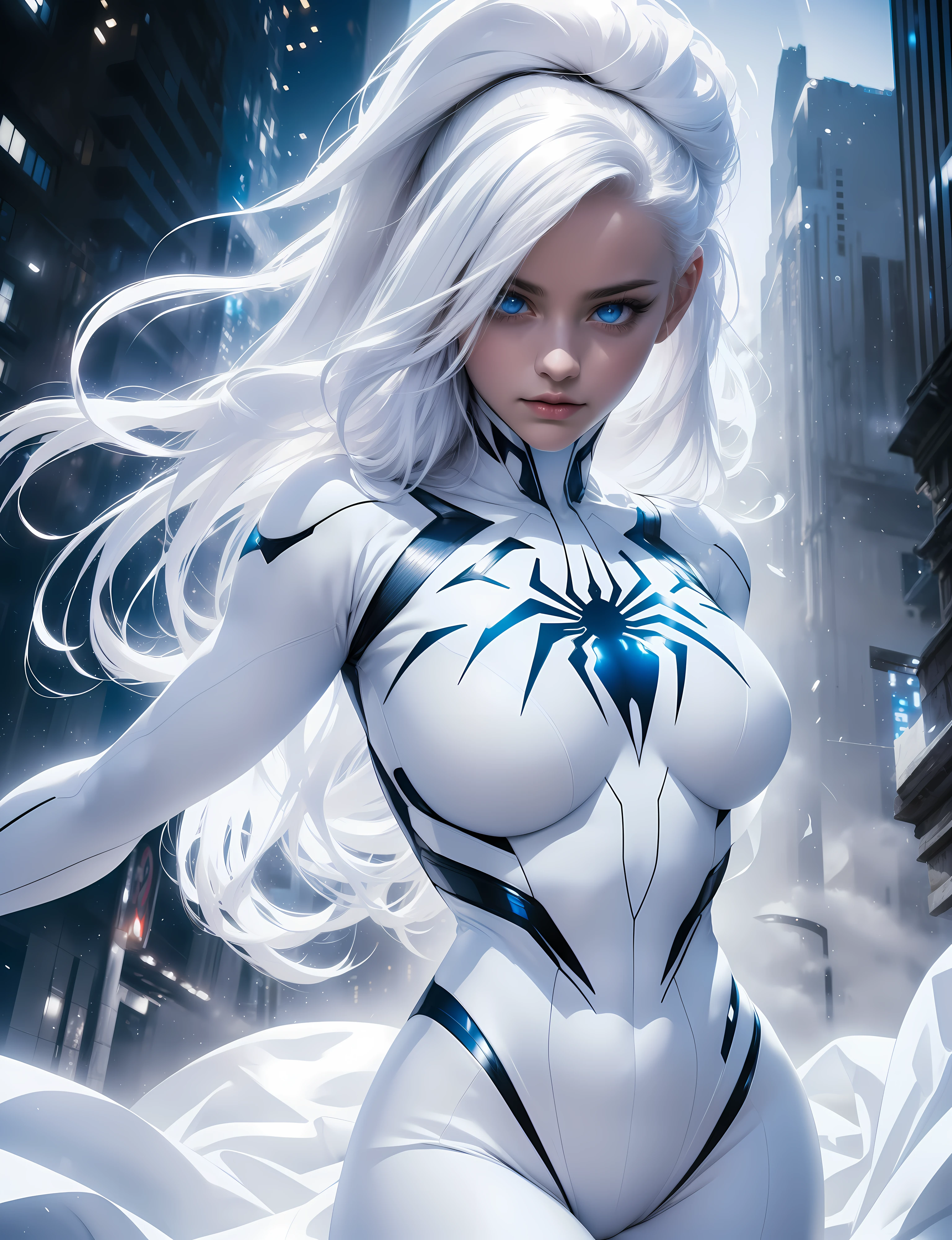 (Masterpiece, 4K resolution, ultra-realistic, highly detailed), (White costume superhero theme, charismatic, (girl on top of the city), wearing white Spider-Man costume, superheroine), [((23 years old), (long white hair:1.2), full-body, (blue eyes:1.2), (Spider-Man dynamic poses) ((gritty urban environment):0.8)| (urban landscape, nighttime, dynamic lights), (full moon))]