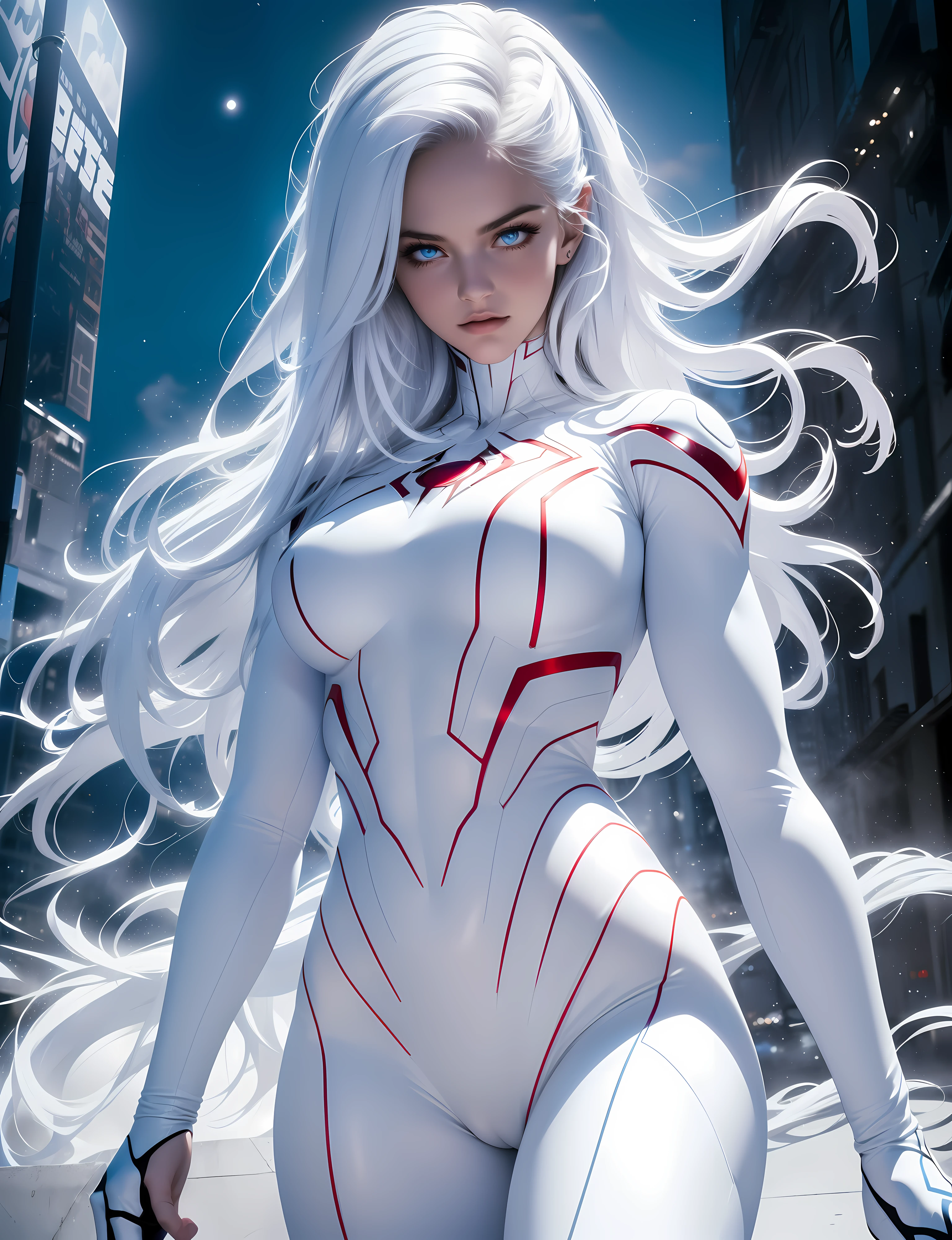 (Masterpiece, 4K resolution, ultra-realistic, highly detailed), (White costume superhero theme, charismatic, girl on top of the city, wearing white Spider-Man costume, superheroine), [((23 years old), (long white hair:1.2), full-body, (blue eyes:1.2), (Spider-Man dynamic poses) ((gritty urban environment):0.8)| (urban landscape, nighttime, dynamic lights), (full moon))]