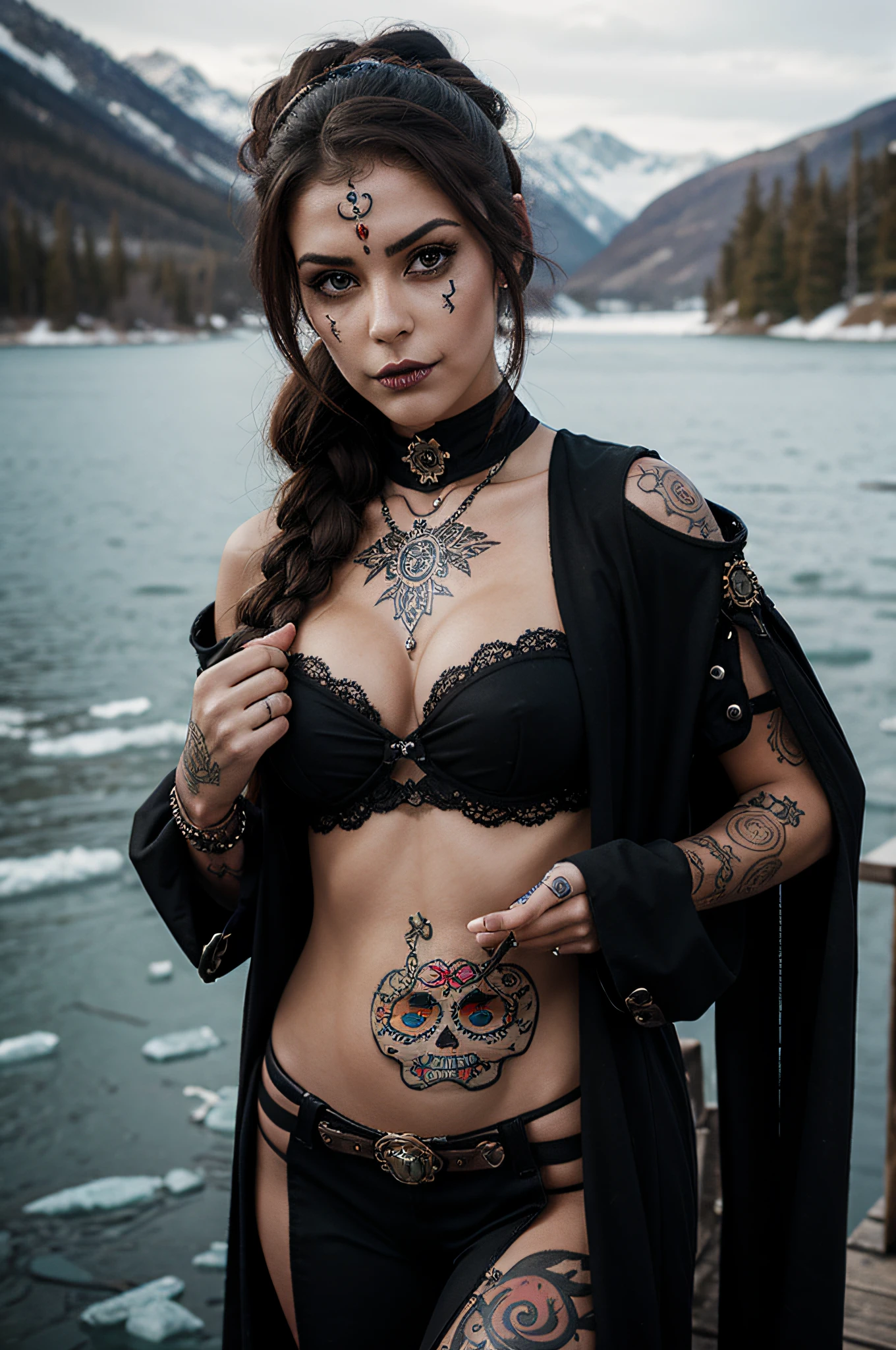 Realistic sugar skull steampunk woman with tattoo sleeves in front of a frozen lake