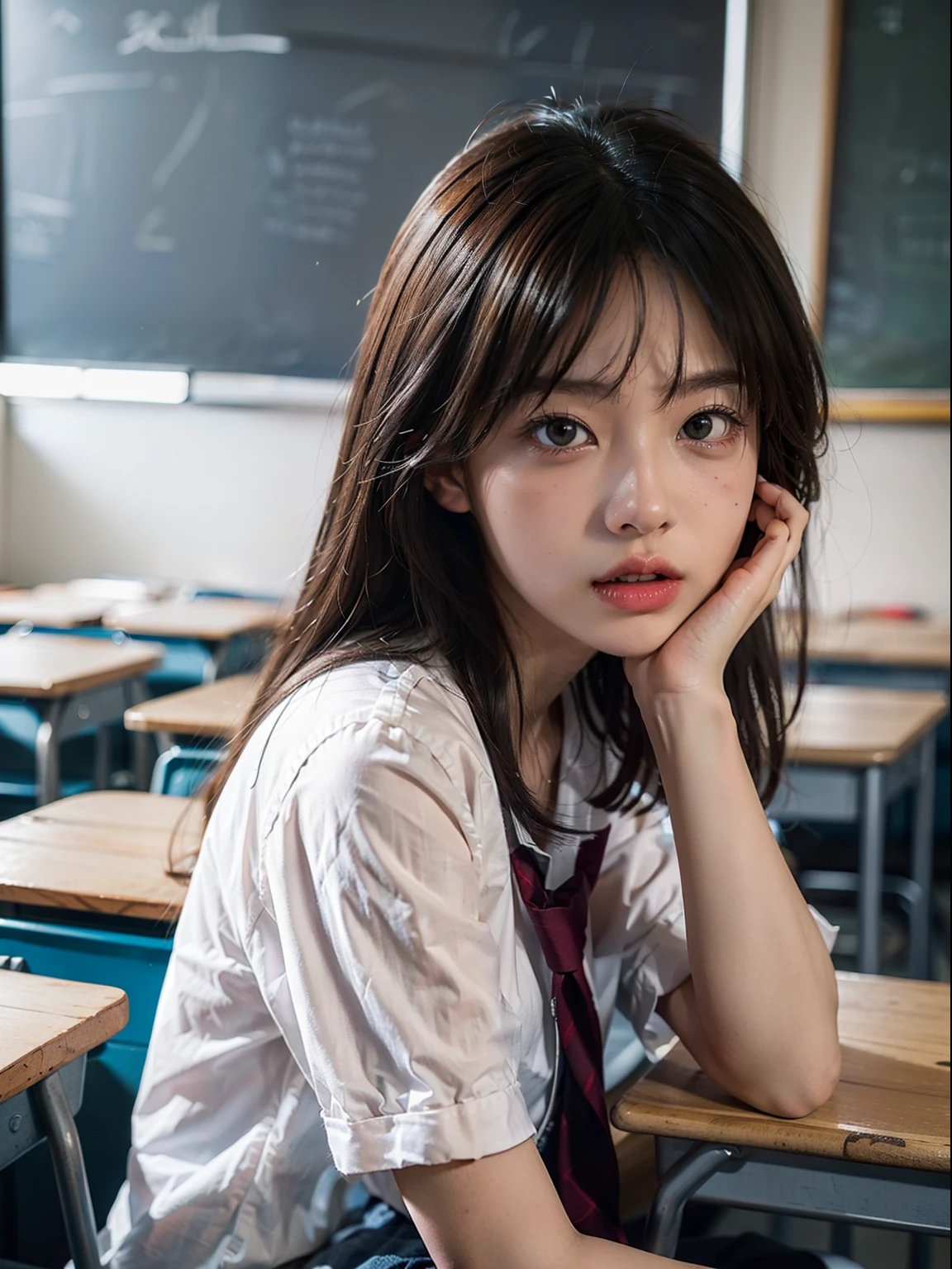 masterpiece, hi-school girl、(School Uniforms:1.5)、(I can see my panties:1.5)、Huge breasts are coming out、I can see the lewd part、Navy High Socks、pantyshot,Wear upper shoes、Sit down and open your crotch、Open the hidden part with your finger、 (Bright school classroom:1.5)the viewer, Realistis, full body Esbian, radical, Haute, (Spread the pubic area with your fingers:1.5)RAWExtremely detailed, Ahegao, rolling her eyes, red blush, water running in mouth, Sticky tongue, Very gigantic-breasts, sexual excitement, Sex Expressions, shinny skin。