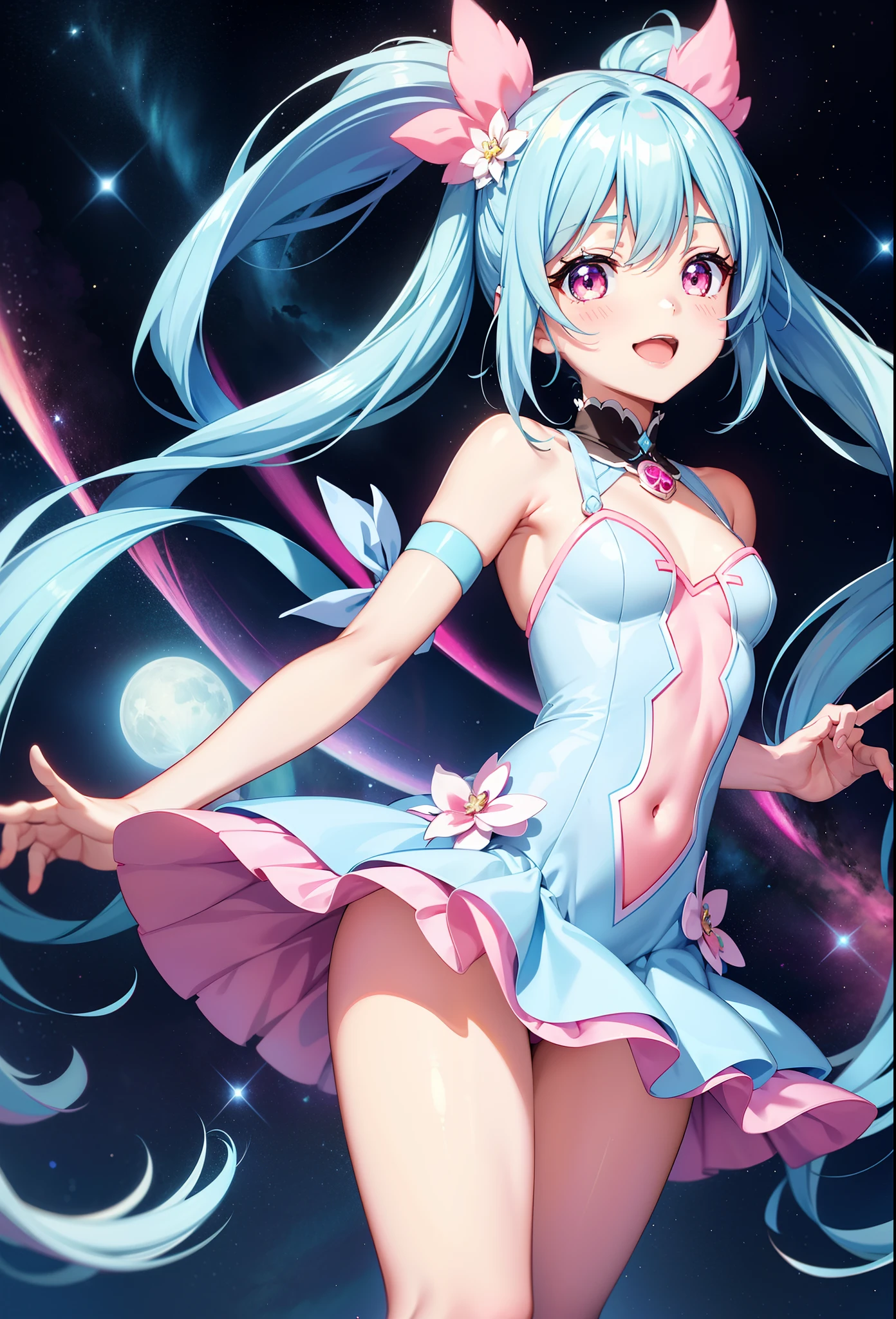 Super Idol Chibichara A charming smile sky blue hair length hair Twin-tailed skinny Sparkly bright pink and white leotards facing front Mystical Fantasia constellation a moon Aurora Borealis in the Night Sky