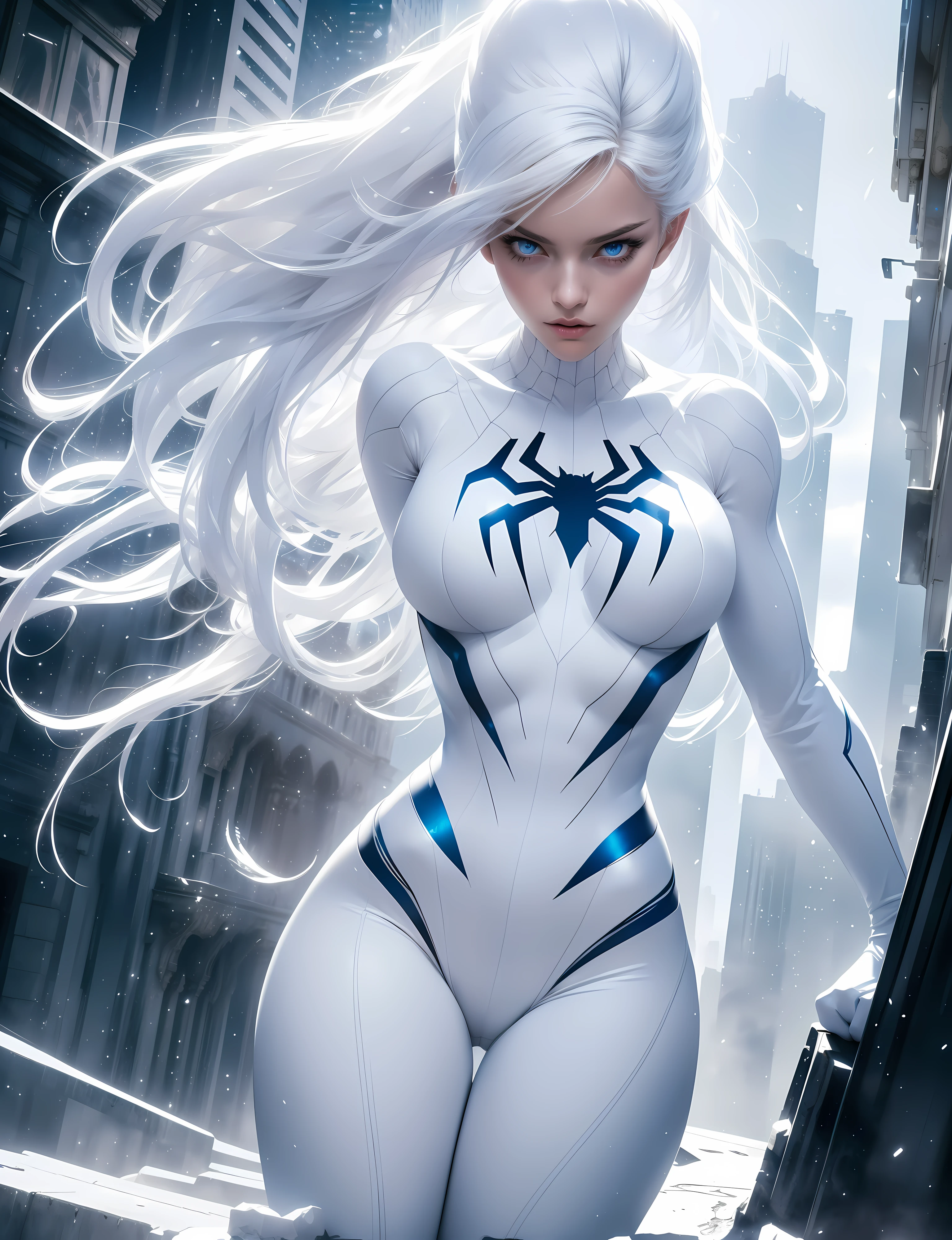 (Masterpiece, 4K resolution, ultra-realistic, highly detailed), (White costume superhero theme, charismatic, girl on top of the city, wearing white Spider-Man costume, superheroine), [((23 years old), (long white hair:1.2), full-body, (blue eyes:1.2), (Spider-Man dynamic poses) ((gritty urban environment):0.8)| (urban landscape, nighttime, dynamic lights), (full moon))]